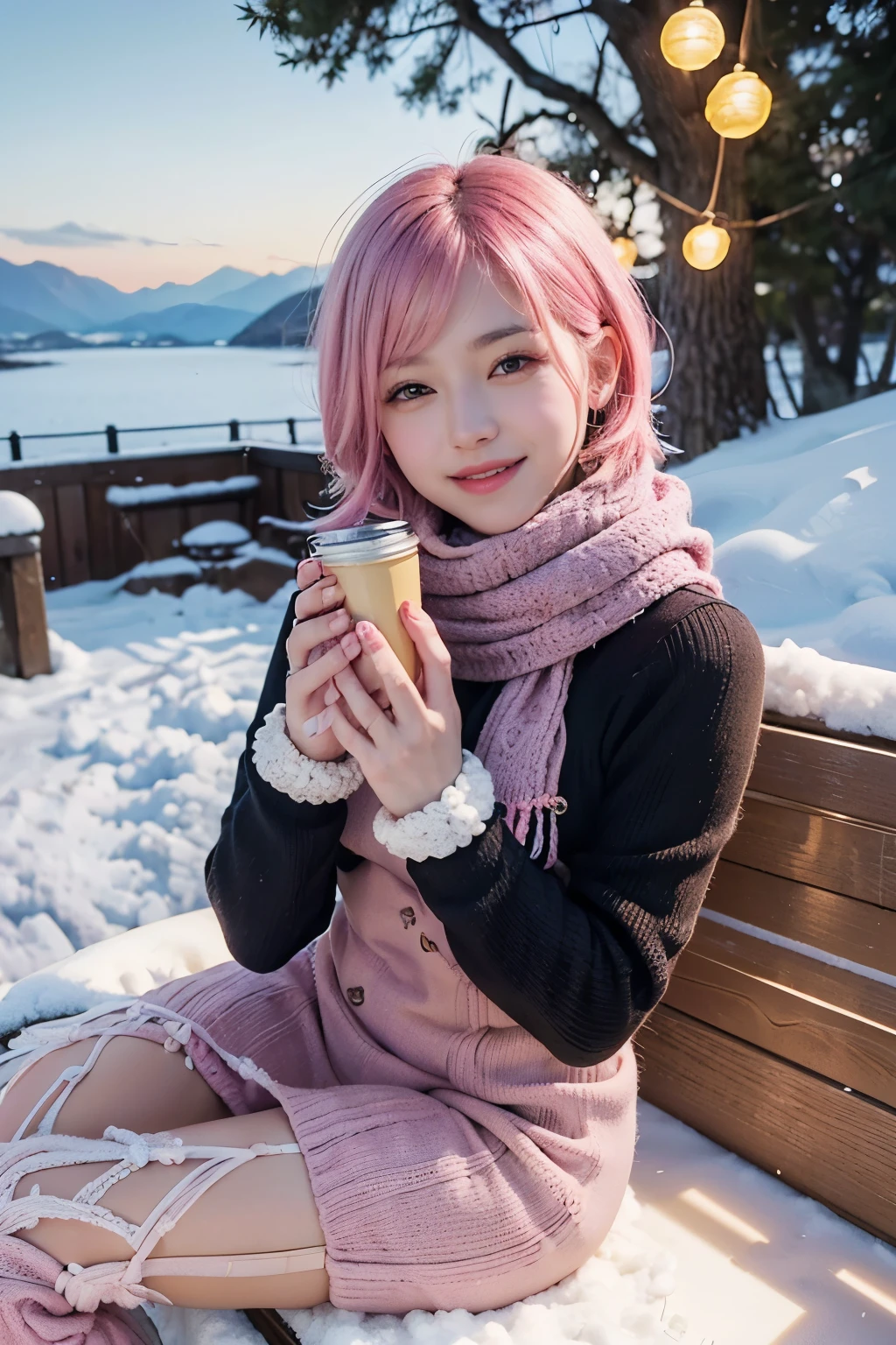 (8K, top-quality, masterpiece:1,2), (reallistic, Photorealsitic:1.37), Super Detail, One girl,), (Highly detailed), (beautifully detailed eyes), (of the highest quality), (super detailed ), (masterpiece), (Detailed face),20yr old, ,1 girl, ((pink hair,Very short hair)), medium breasts, clothed, Perfect Lighting, BREAK (colorful knit pattern:1.3), knit dress, (bodycon silhouette:1.4), fringe, pompom, (warm socks:1.2), boots, (beads:1.2), pearl, BREAK smiling gently, holding up fringed scarf with right hand, showing pompom glove with left hand, (snowy scenery:1.3), colorful illumination on trees, illumination light reflecting on face and clothes