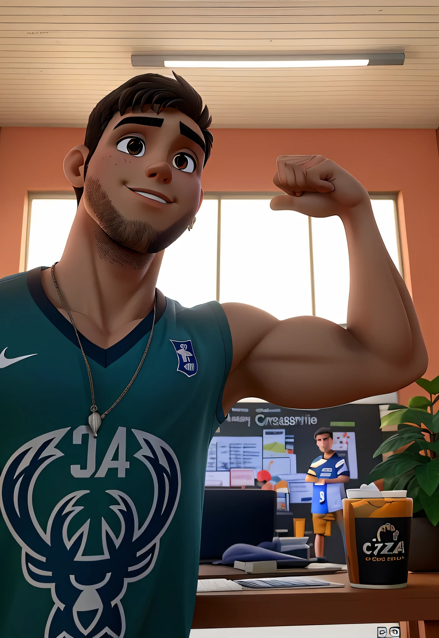 jovem garoto , na academia , ao lado de um pote de creatina , fazendo pose de biceps , rosto perfeito , fine strokes