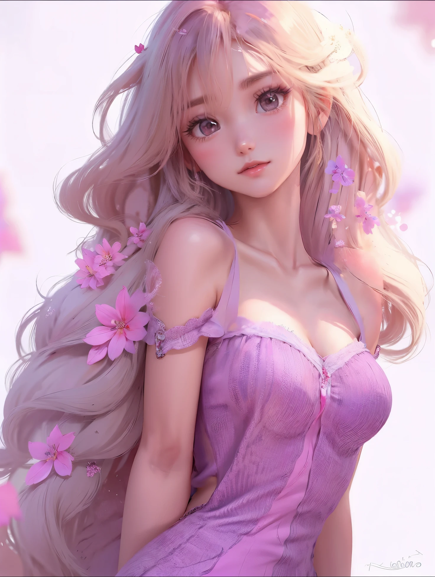 Rapunzel cabello largo dorado. hermoso vertido morado claro