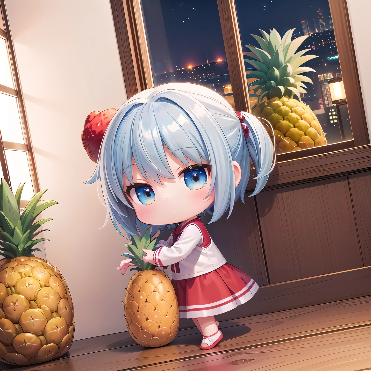 ((Chibi, miniature, REAL, pineapple, 3DCG, Nendoroid, one girl: 1.3)) ,(Masterpiece, almond-shaped eyes, glossy white-blue hair, short chignon hair, top quality, carefully drawn fingertips, beautiful anatomy : 1.4), (full body: 1.3), (Red cheeks, indifference, no expression, hair blowing in the wind: 1.2), (Slim and warm clothes,warm long skirt,food Parker one piece,Celebrity Lifestyle: 1.2), (night,side angle,pineapple building,Window,tea room:1.3) 