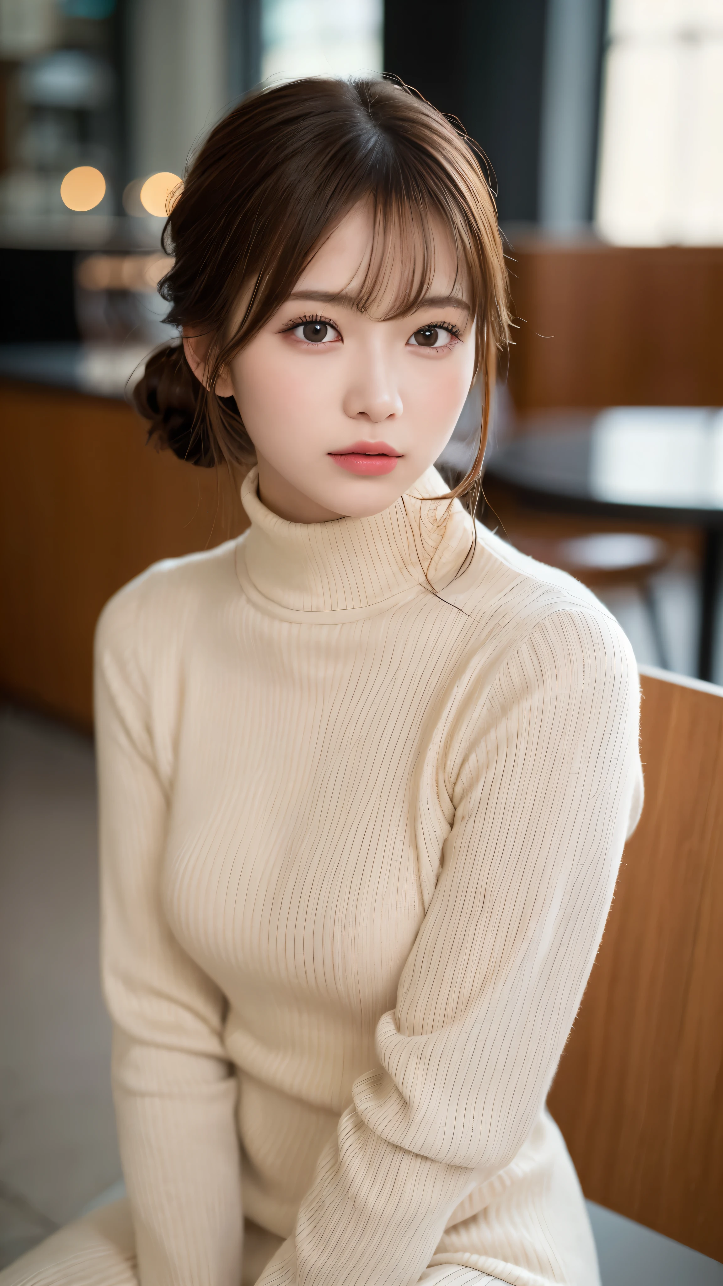 ((NSFW))、(masterpiece:1.5)、(realistic:1.5)、(highest quality:1.4、8K、RAW photo)、 ultra high resolution、professional lighting、perfect dynamic composition、Shot in a fashionable café、 film grain、chromatic aberration、(Bokeh:1.1)、 Frank、Sophisticated、charm、超realistic、high detail、golden ratio、 (1 girl)、slender girl、繊細でcharm女の子、cute woman:1.4、 serious expression、looking at the viewer、sculpture installation、Are standing、light brown hair、shining hair、Hair style is ponytail、 skin that looks real、 close your mouth、fine eyes、double eyelid、thin arms、(She is wearing a white turtleneck ribbed sweater dress.:1.3)