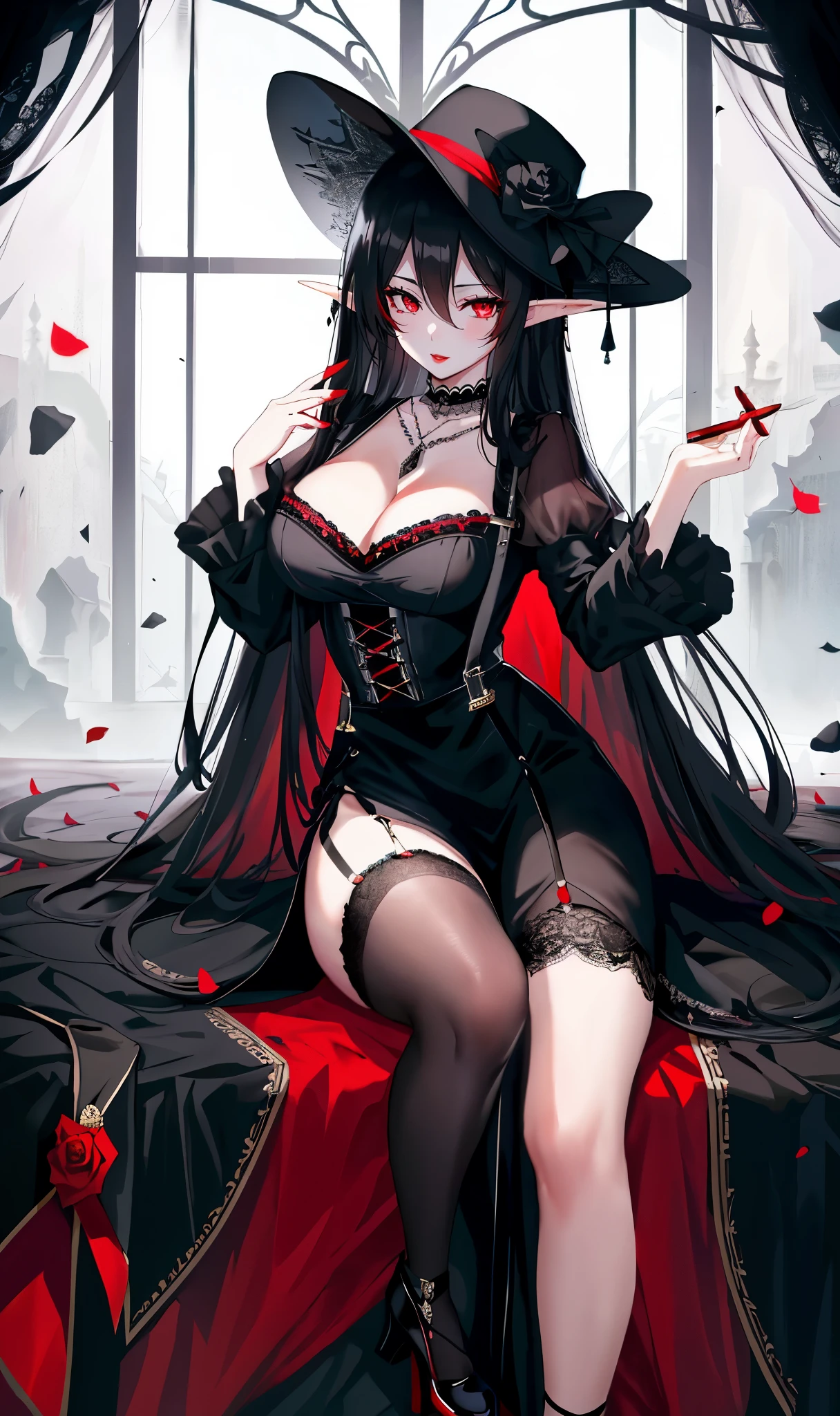 long black hair,close up,dream world,Elf royal sister,Black garter stockings step by step,long black hair凌乱的发丝,red lips,Nice red eyes,ruins background,Black Rose Garden,grace,Manicure,Huge wide-brimmed black hat,(Black lady hat),necklace,humanoid,Baroque, Her skin is very white, fair complexion,(Black lace long dress,Black lace suspenders),pointed toe high heels,