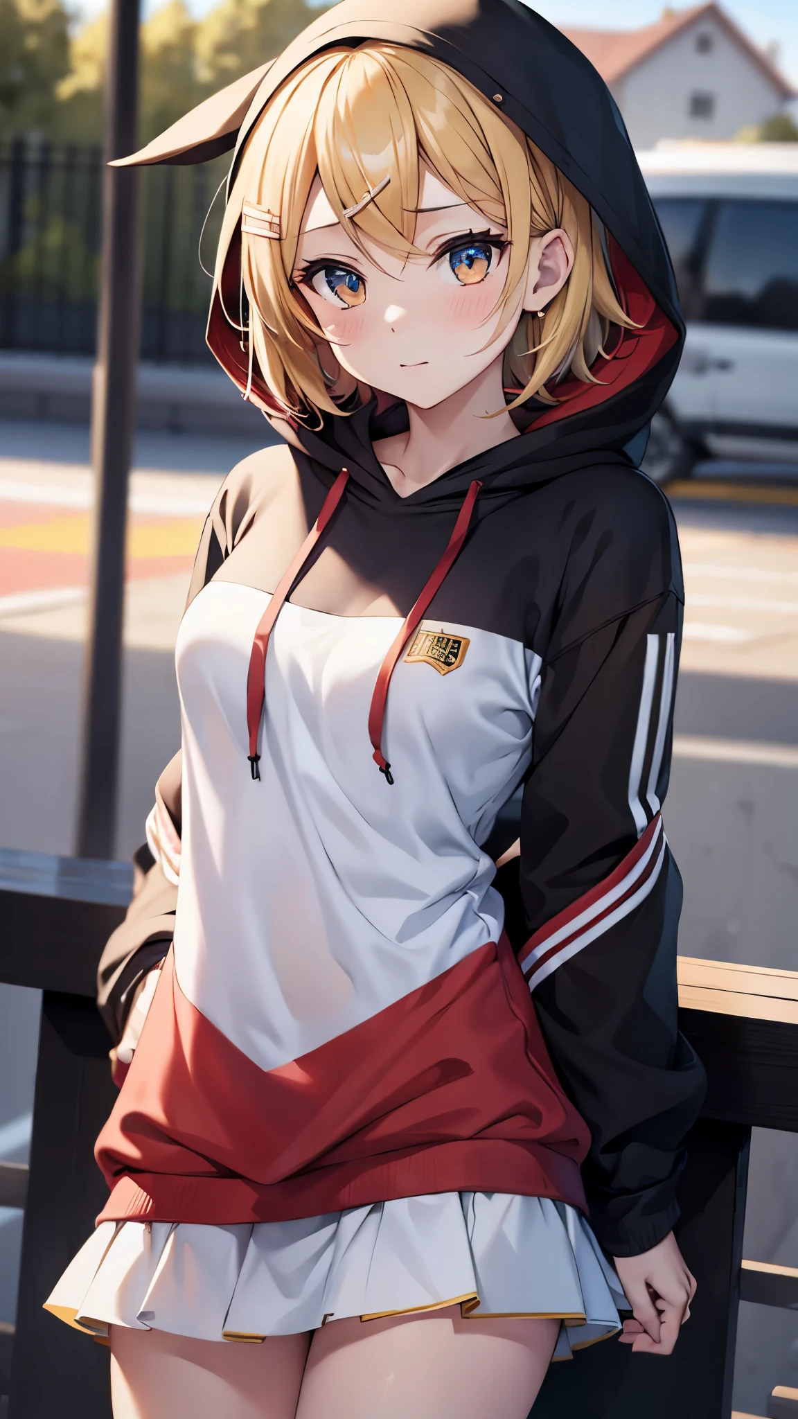 Kagamine rin , 1 girl , wearing a red hooded sweater , white miniskirt with gold horizontal lines , viendo al espectador , bragas visibles , rostro seductor ,(imagen de ultra alta calidad 8k ) obra maestra ( high-definition picture ) , maximum image resolution , ( detalles de la imagen bien definidos )