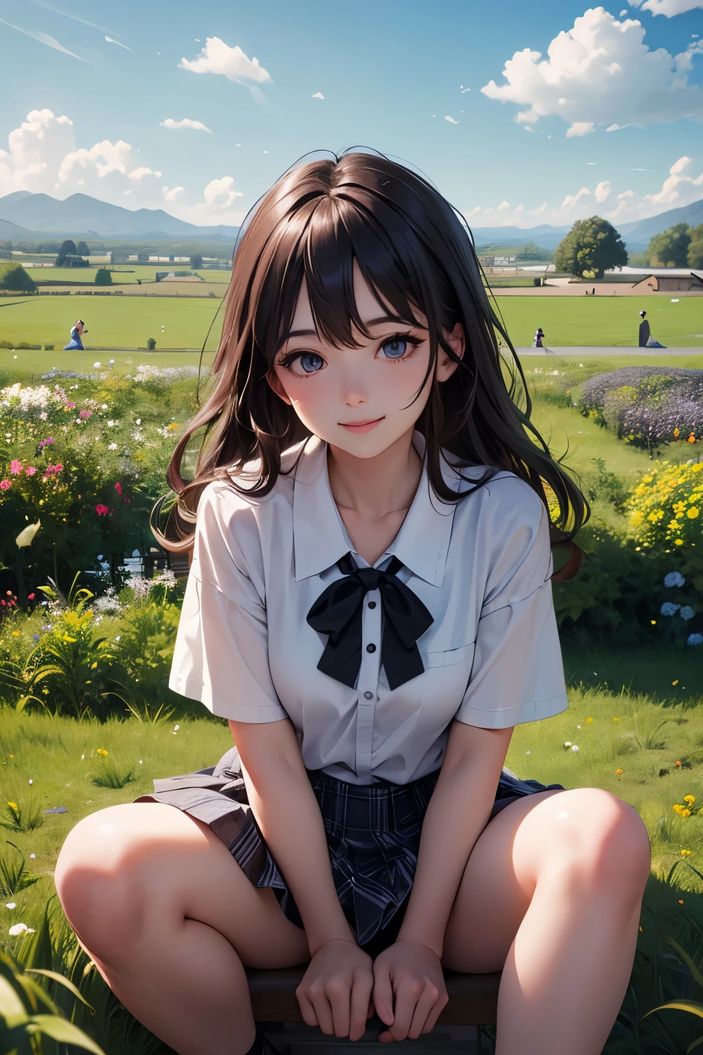 very cute and beautiful girl,(highly detailed beautiful face and eyes:1.2),
(smile),white blouse,ribbon,pleated plaid mini skirt,
sitting,spread legs,white panties,dynamic angle,looking at viewer,black hair,twin braid,
arbor in flower garden,grassland,countryside,
(best quality,masterpiece:1.2),absurdres,highres,ultra-detailed,extremely detailed,32k,8k resolution,
intricate details,cinematic scene,detailed background,solo,dynamic angle,
hair fluttering in the wind,beautiful detailed sky,