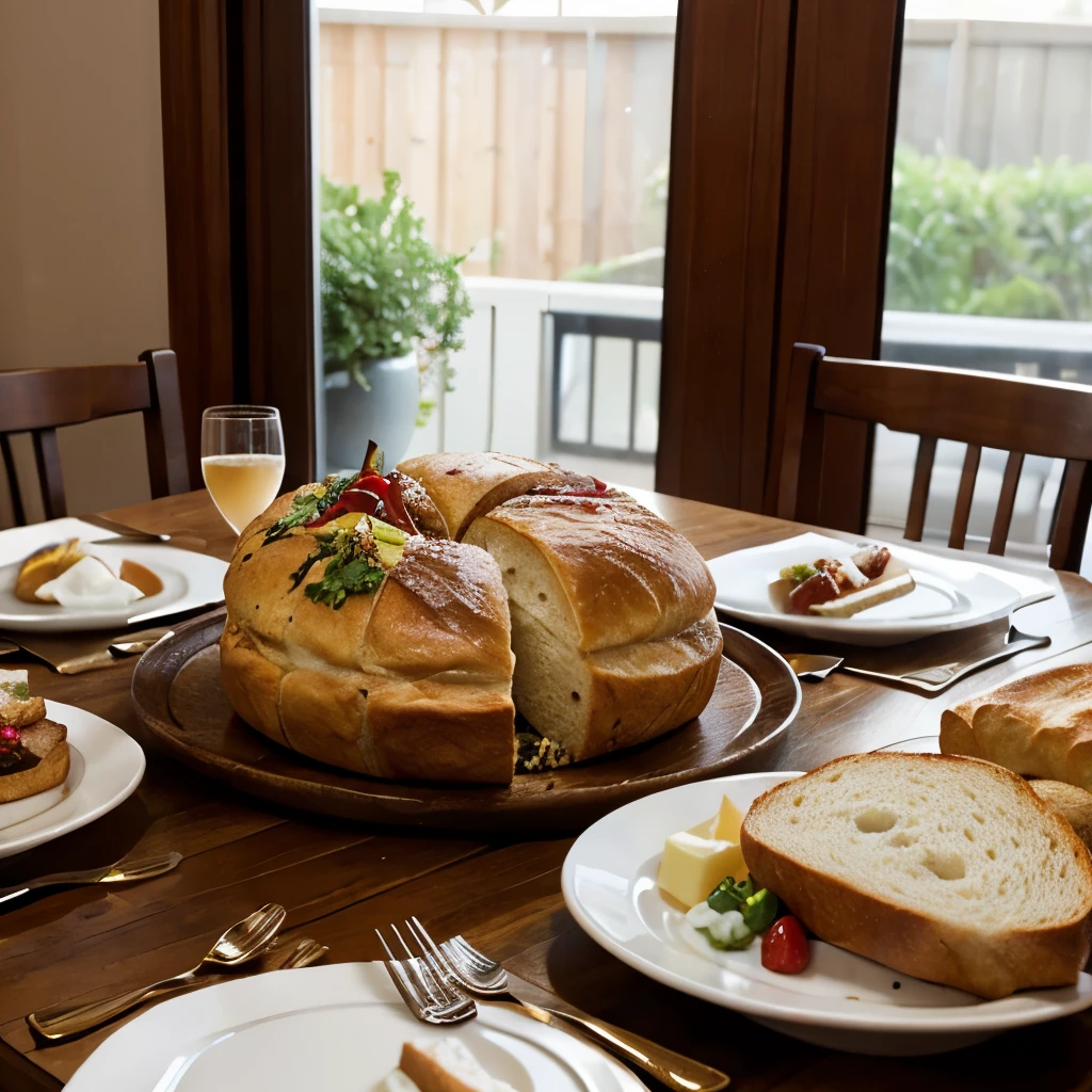 "Generate a photorealistic image capturing an elegant breakfast table scene with an array of bread and assorted items. The composition should be visually appealing, emphasizing the beauty of the arrangement. The environment should highlight the textures of the food, creating an appetizing atmosphere. Pay special attention to the meticulous arrangement of the table to enhance the overall aesthetic appeal."