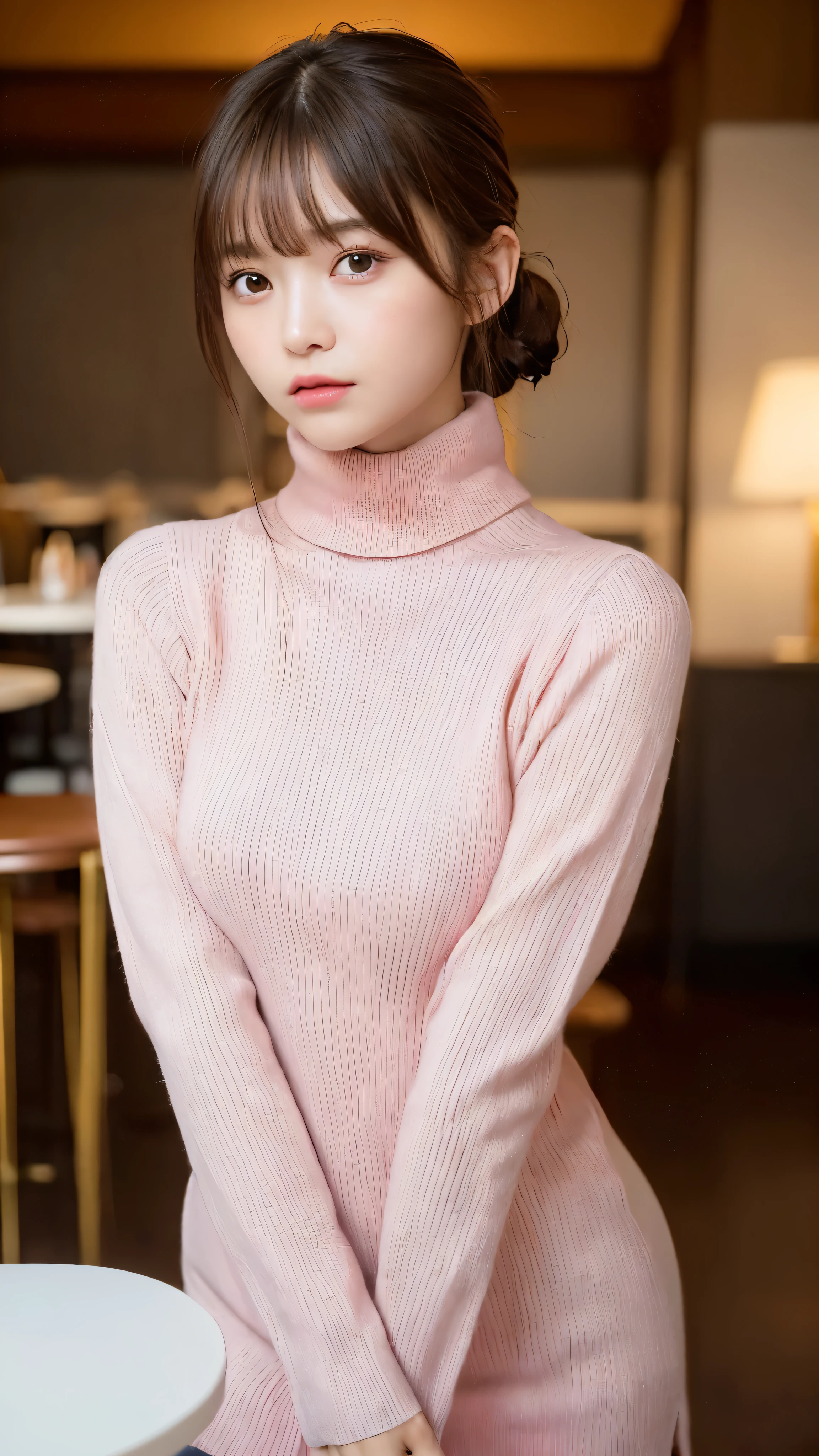 ((NSFW))、(masterpiece:1.5)、(realistic:1.5)、(highest quality:1.4、8K、RAW photo）、 ultra high resolution、professional lighting、perfect dynamic composition、Shot in a fashionable café、 film grain、chromatic aberration、(Bokeh:1.1)、 Frank、Sophisticated、charm、超realistic、high detail、golden ratio、 (1 girl)、slender girl、繊細でcharm女の子、cute woman:1.4、 serious expression、looking at the viewer、sculpture installation、Are standing、light brown hair、shining hair、Hair style is ponytail、 skin that looks real、 close your mouth、fine eyes、double eyelid、thin arms、(She is wearing a pink turtleneck ribbed sweater dress:1.3)