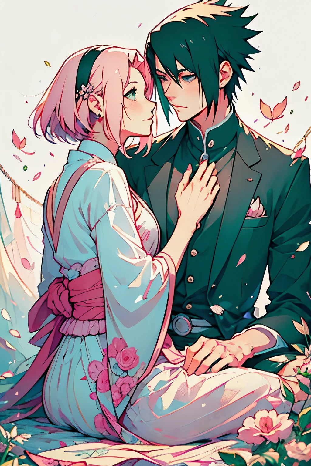 Sasusaku The couple in the photo are deeply in love and lost in the moment. Sasuke, The man is tall and handsome, with chiselled features and piercing black eyes. He has a confident and charismatic demeanor, And his love for the woman is evident in the way he looks at her with adoration. He's wearing a white shirt, increasing its sophisticated and refined appearance. The woman is equally stunning with soft features and delicate strokes, low water. Ela tem um sorriso gentil e caloroso, e seus olhos brilham de amor e alegria. Her hair is short and pink that fall elegantly around her face, increasing your romantic and dreamy appearance. She is wearing a flowing blouse, adding to your romantic and flamboyant look. Junto, o casal parece ter acabado de sair de um conto de fadas. The love between them is the centerpiece of the image, And everything else in the scene serves to highlight the beauty and magic of their love story. They are alone. (Duas pessoas). it&#39;s night, They are in a garden.