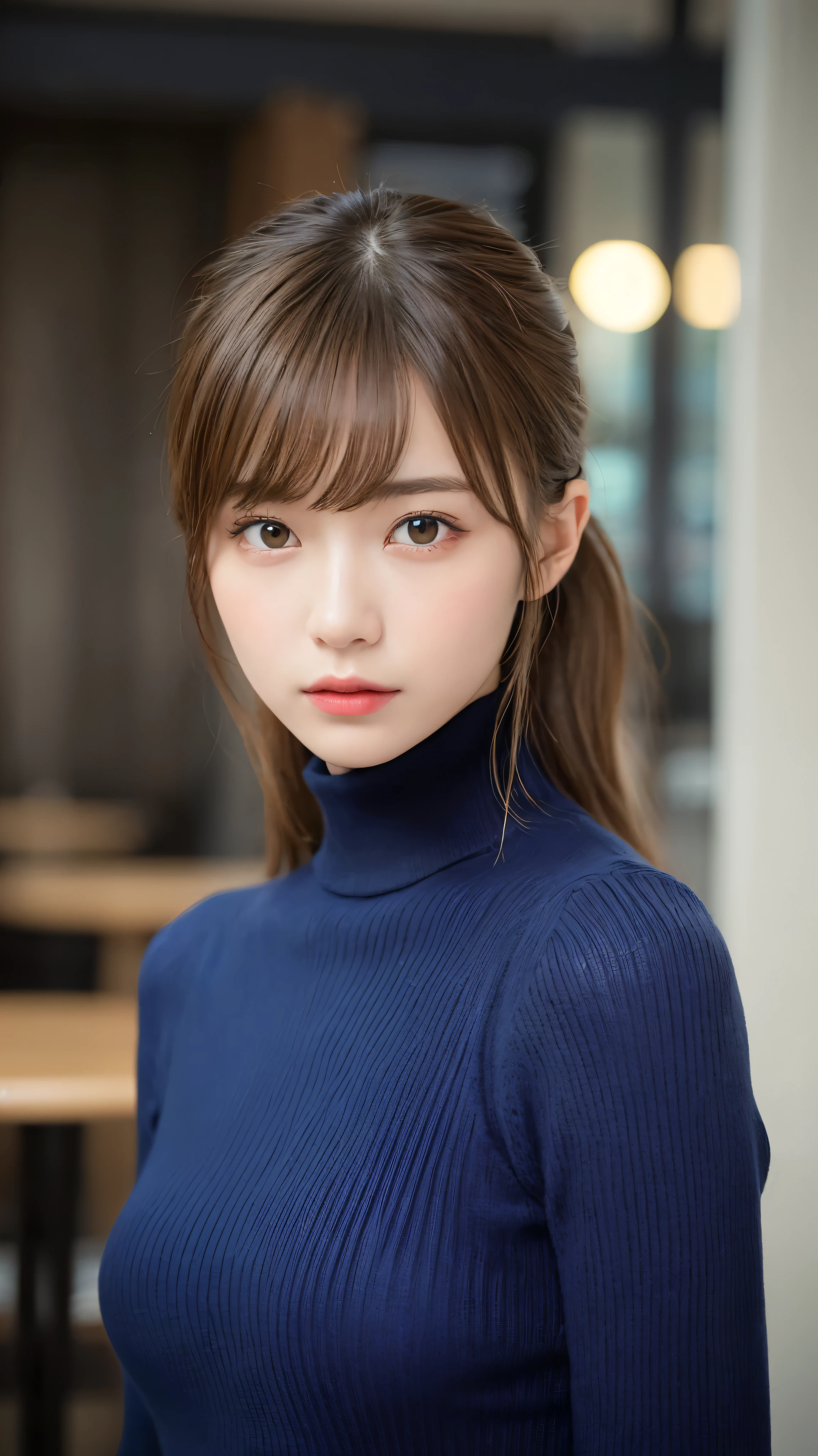 ((NSFW))、(masterpiece:1.5)、(realistic:1.5)、(highest quality:1.4、8K、RAW photo)、 ultra high resolution、professional lighting、perfect dynamic composition、Shot in a fashionable café、 film grain、chromatic aberration、(Bokeh:1.1)、 Frank、Sophisticated、charm、超realistic、high detail、golden ratio、 (1 girl)、slender girl、繊細でcharm女の子、cute woman:1.4、 serious expression、looking at the viewer、sculpture installation、Are standing、light brown hair、shining hair、Hair style is ponytail、 skin that looks real、 close your mouth、fine eyes、double eyelid、thin arms、(She is wearing a navy blue turtleneck ribbed sweater dress.:1.3)