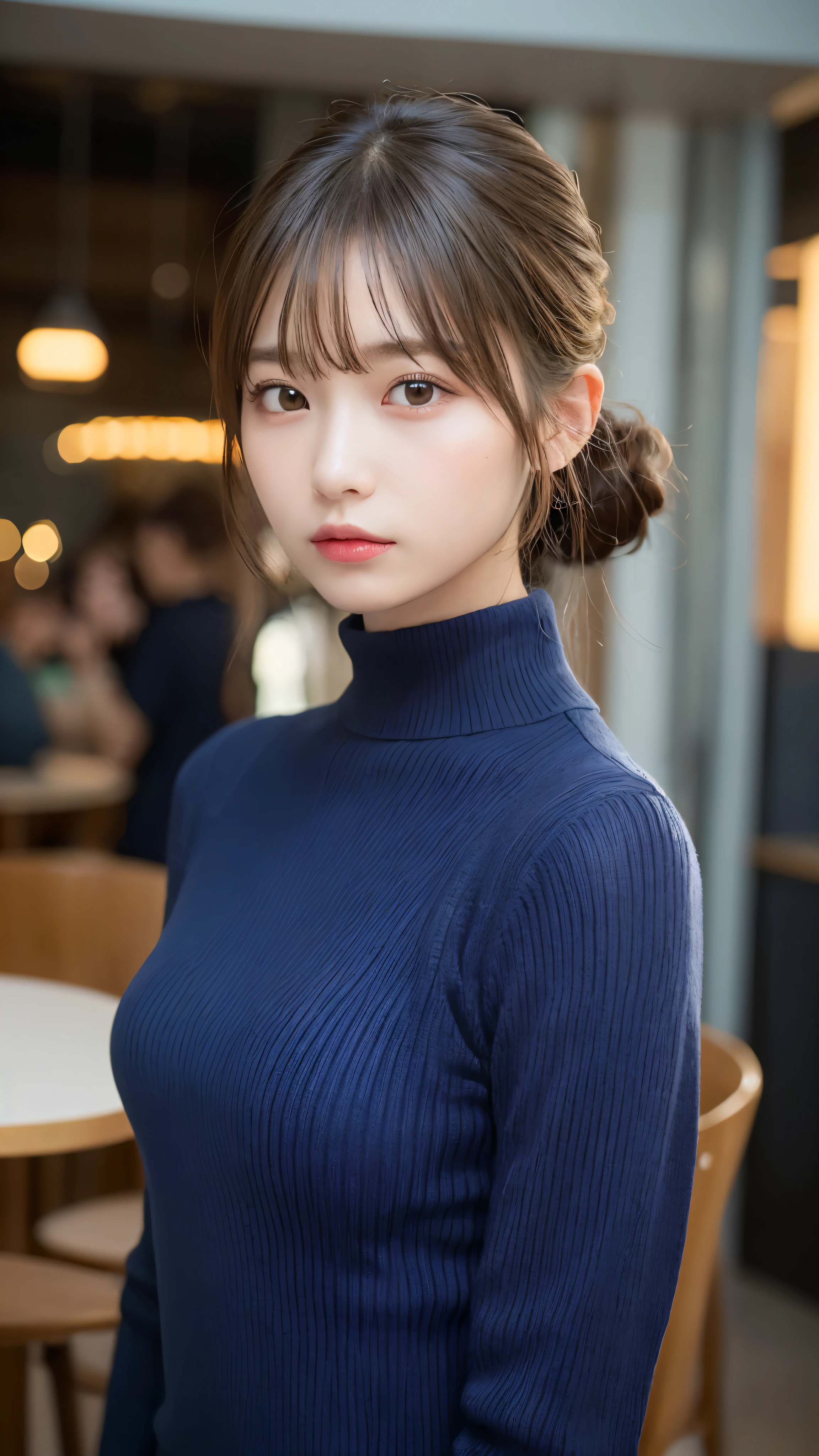 ((NSFW))、(masterpiece:1.5)、(realistic:1.5)、(highest quality:1.4、8K、RAW photo）、 ultra high resolution、professional lighting、perfect dynamic composition、Shot in a fashionable café、 film grain、chromatic aberration、(Bokeh:1.1)、 Frank、Sophisticated、charm、超realistic、high detail、golden ratio、 (1 girl)、slender girl、繊細でcharm女の子、cute woman:1.4、 serious expression、looking at the viewer、sculpture installation、Are standing、light brown hair、shining hair、Hair style is ponytail、 skin that looks real、 close your mouth、fine eyes、double eyelid、thin arms、(She is wearing a navy blue turtleneck ribbed sweater dress.:1.3)