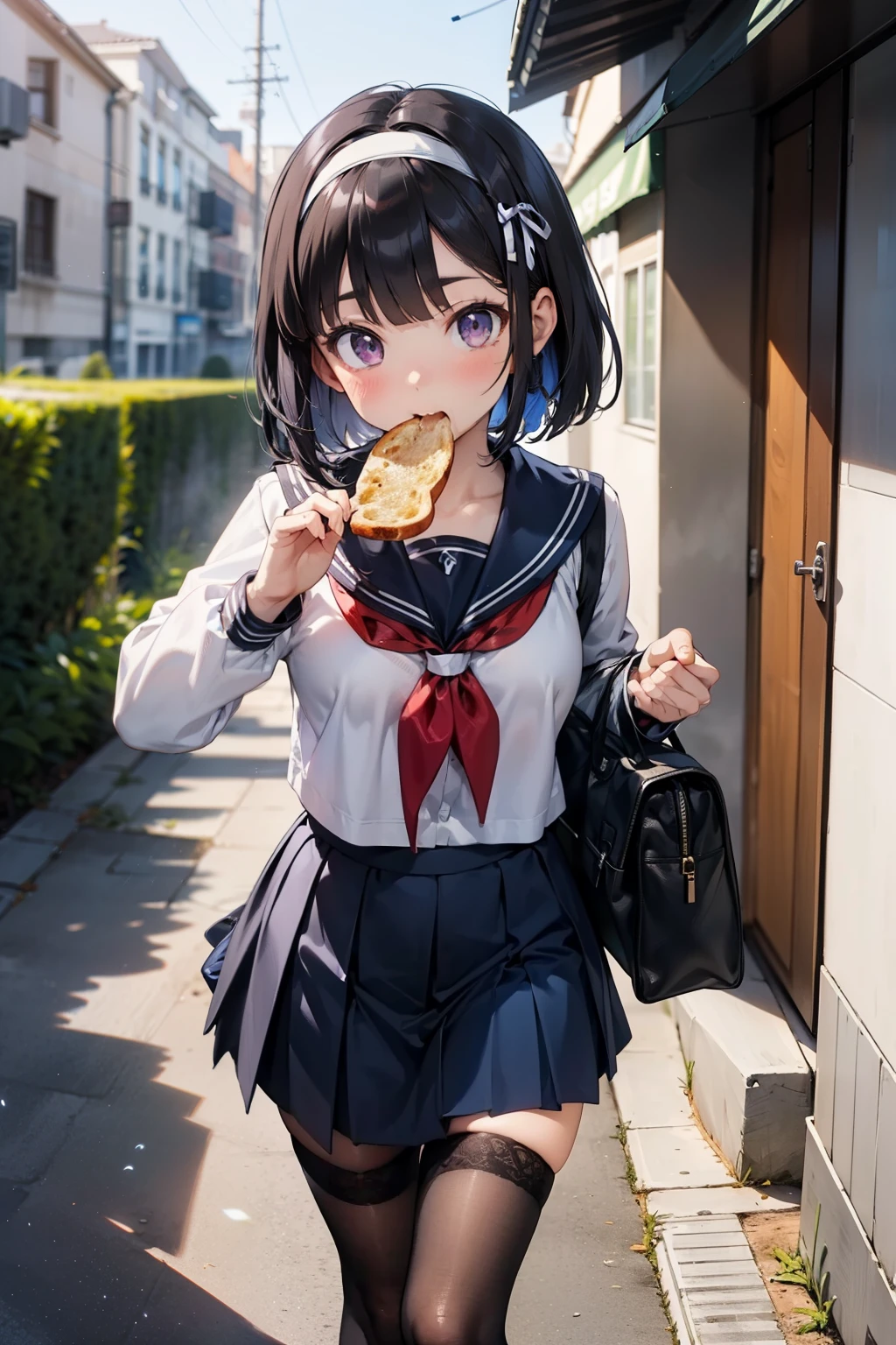 body 8 times longer than head, (Highly detailed CG unity 8k), (highest quality)，(very detailed)，(ultra high resolution), black hair, High school girl wearing a navy sailor suit, Anime 2D rendering, realistic young anime high school girl, ((White headband)), purple eyes, small breasts, tall, slanted eyes, (school scenery), black stockings, bright color, open your mouth a little, Dark blue skirt, bob cut, position looking down from above,  Run, Dash while eating bread、