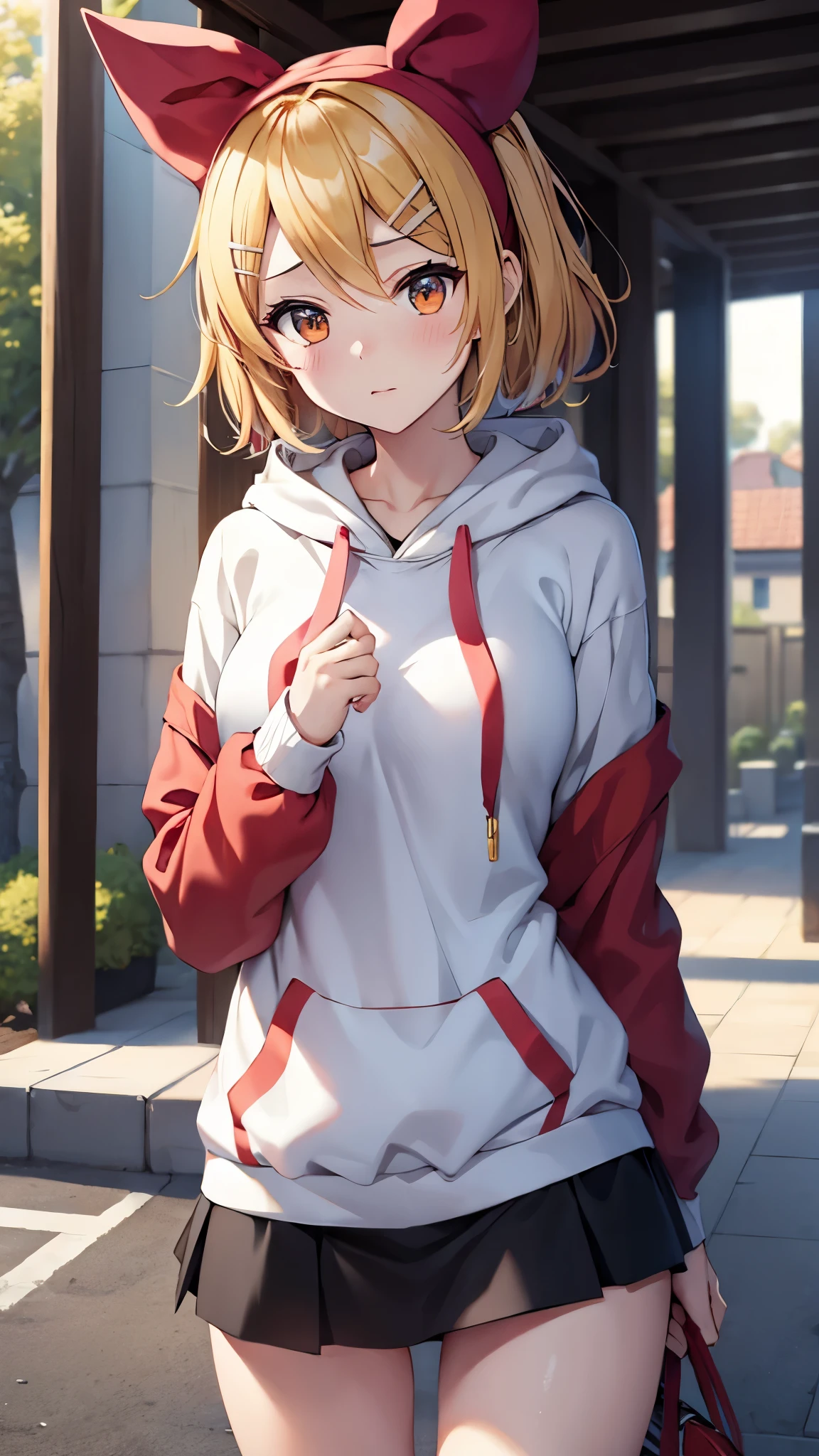 Kagamine rin , 1 girl , wearing a red hooded sweater , white miniskirt with gold horizontal lines , viendo al espectador , bragas visibles , rostro seductor ,(imagen de ultra alta calidad 8k ) obra maestra ( high-definition picture ) , maximum image resolution , ( detalles de la imagen bien definidos )