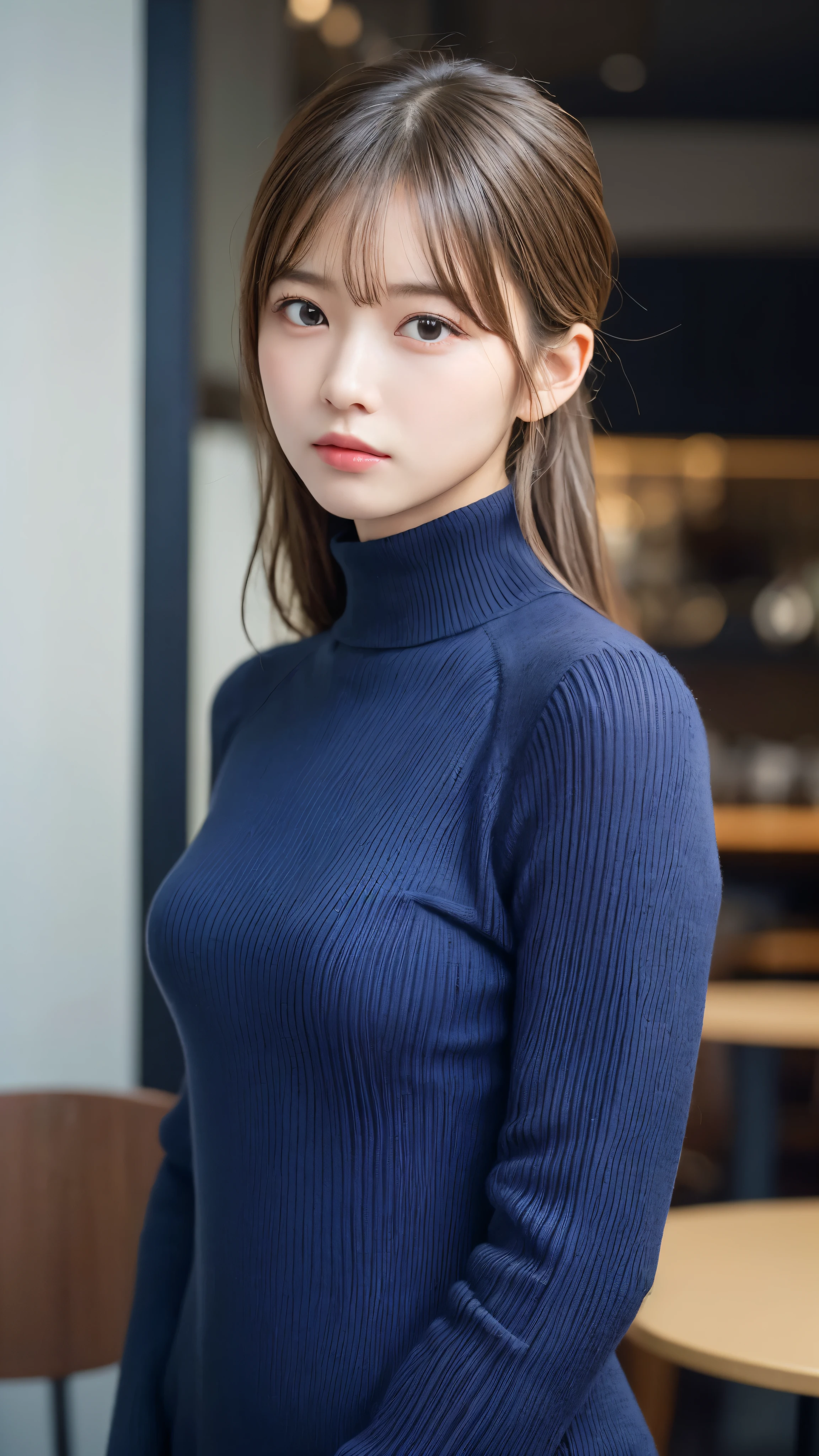 ((NSFW))、(masterpiece:1.5)、(realistic:1.5)、(highest quality:1.4、8K、RAW photo)、 ultra high resolution、professional lighting、perfect dynamic composition、Shot in a fashionable café、 film grain、chromatic aberration、(Bokeh:1.1)、 Frank、Sophisticated、charm、超realistic、high detail、golden ratio、 (1 girl)、slender girl、繊細でcharm女の子、cute woman:1.4、 serious expression、looking at the viewer、sculpture installation、Are standing、light brown hair、shining hair、Hair style is ponytail、 skin that looks real、 close your mouth、fine eyes、double eyelid、thin arms、(She is wearing a navy blue turtleneck ribbed sweater dress.:1.3)