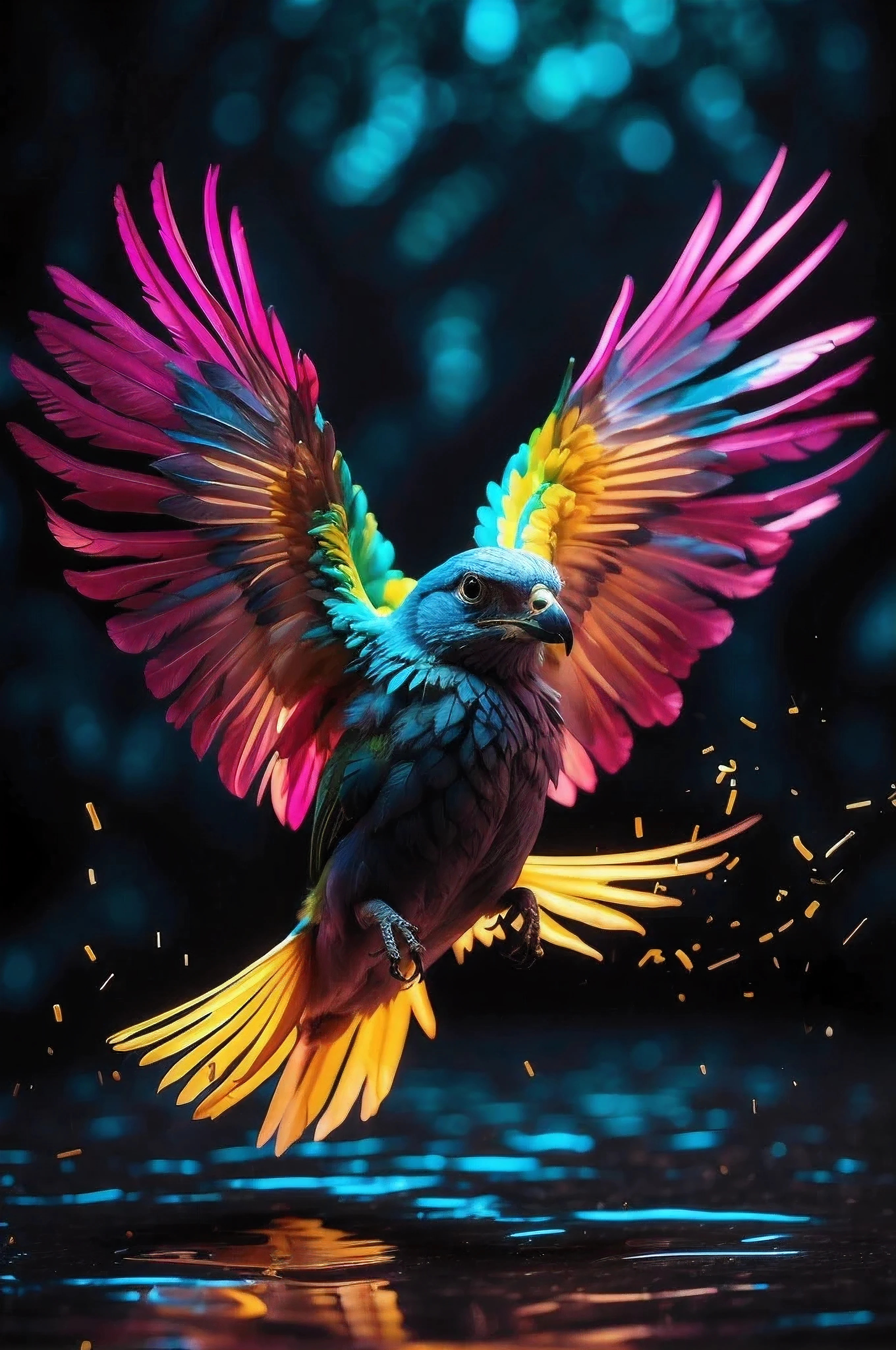a bird with electrifying feathers that glow in vivid hues of neon yellow, pink, and turquoise. Picture a digital illustration capturing the creature in mid-flight, its feathers creating a spectacular trail of vibrant light. The background is expertly chosen, contrasting with the bird's electric colors, and creating a sense of awe and wonder. This dynamic image flawlessly captures the essence of this endangered species, highlighting its beauty and the urgent need for its protection.