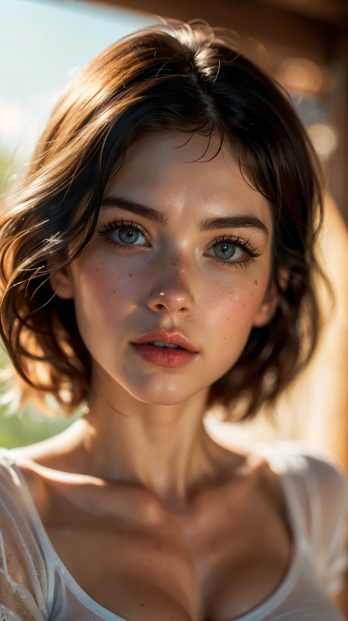 (((ultra realistic))) Photo, masterpiece, top quality, (pale skin), (Ultra detailed face and eyes:1.3), 1 girl, Adult, in a T-shirt, (Eye makeup, mascara) , ((large detailed lips)), ((white волнистые волосы)), ((Chyolka)) , (Natural breasts), Slim waist. ((Posing)), photoshoot, studio (soft lighting), (The play of light and shadows), depth of field, bokeh, (special attention to skin detail: 1.2), Detailed leather texture, skin pores. (Airy atmosphere of the frame. Color range - delicate, Bright, white, Pink tones), UDR, ((Film grain)), ((rays)), ((Glare)), ((portrait, close to the camera)) , ultra detialed,