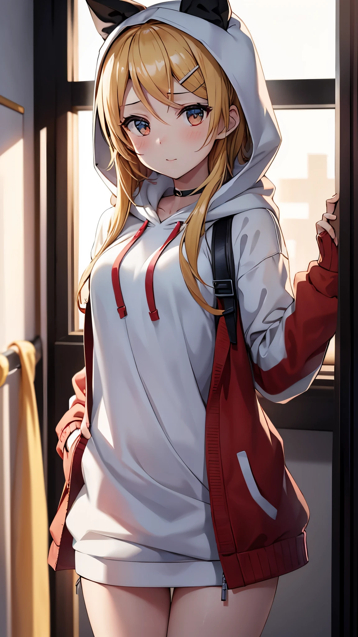 Kagamine rin , 1 girl , wearing a red hooded sweater , white miniskirt with gold horizontal lines , viendo al espectador , bragas visibles , rostro seductor ,(imagen de ultra alta calidad 8k ) obra maestra ( high-definition picture ) , maximum image resolution , ( detalles de la imagen bien definidos )