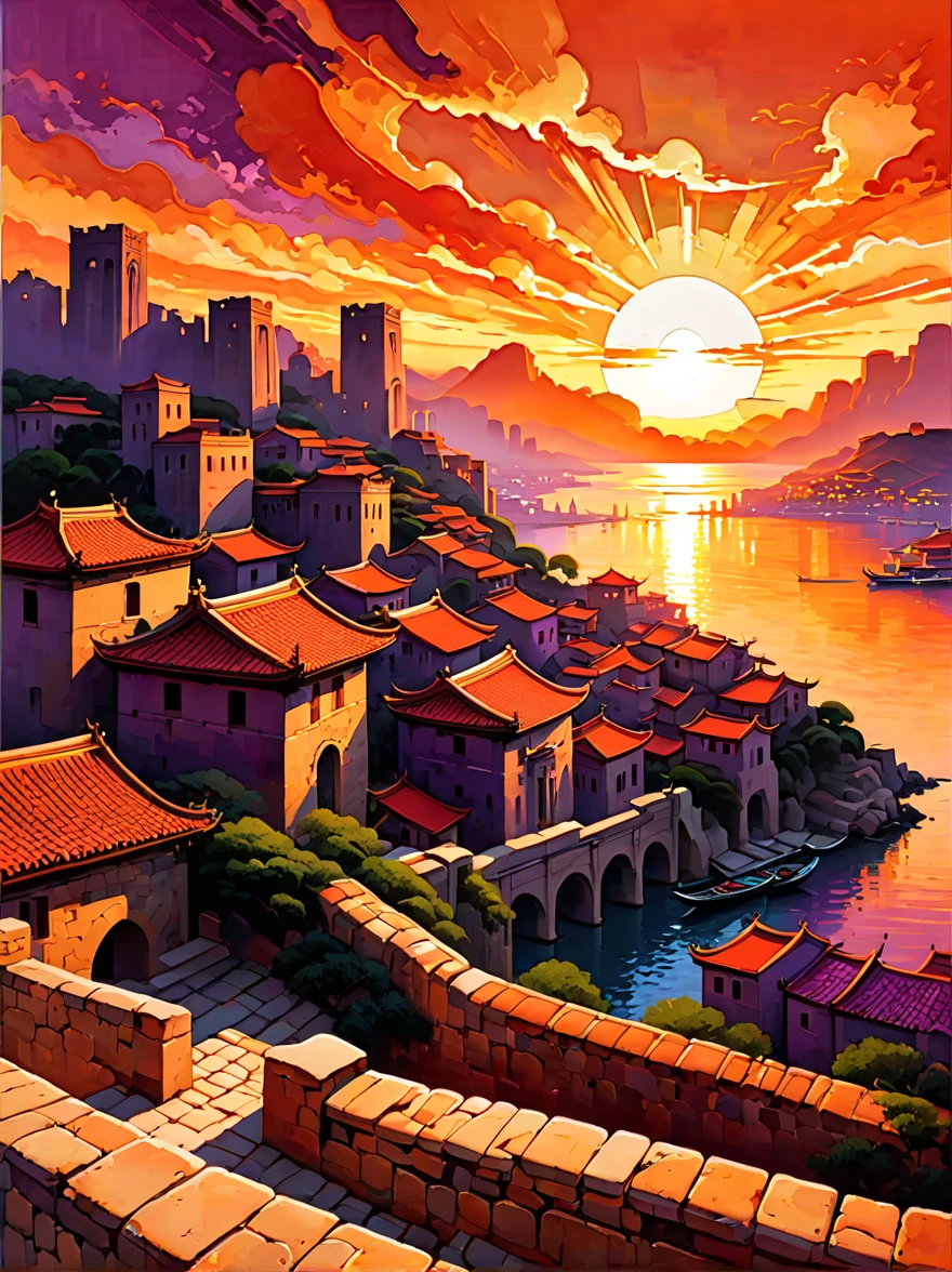 ancient city at sunset, vibrant sunset hues, historical buildings silhouette, glowing sky, peaceful river, reflecting sun, lush greenery, city walls, towers, tranquil atmosphere, old-world charm, birds flying home
