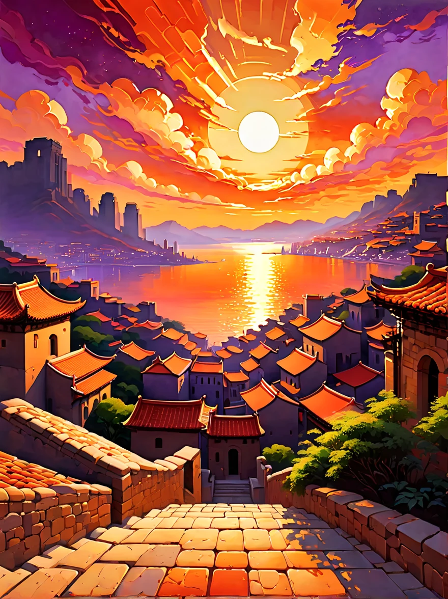 ancient city under sunset，Capture the essence of the ancient city and the atmosphere of the sunset。This painting focuses on the architecture of the city，including stone walls、Arches and tile roof。sunset，Casts a warm golden glow over the cityscape。The sky is a vibrant orange、red and purple canvas，Reflecting the last rays of the sun。The atmosphere is peaceful and nostalgic，Emphasizing the timeless beauty of the ancient city under the charming sunset。