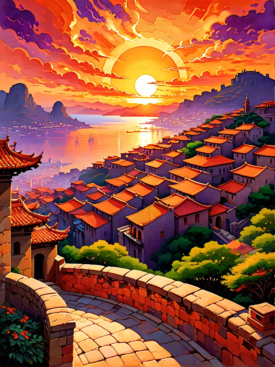 ancient city under sunset，Capture the essence of the ancient city and the atmosphere of the sunset。This painting focuses on the architecture of the city，including stone walls、Arches and tile roof。sunset，Casts a warm golden glow over the cityscape。The sky is a vibrant orange、red and purple canvas，Reflecting the last rays of the sun。The atmosphere is peaceful and nostalgic，Emphasizing the timeless beauty of the ancient city under the charming sunset。