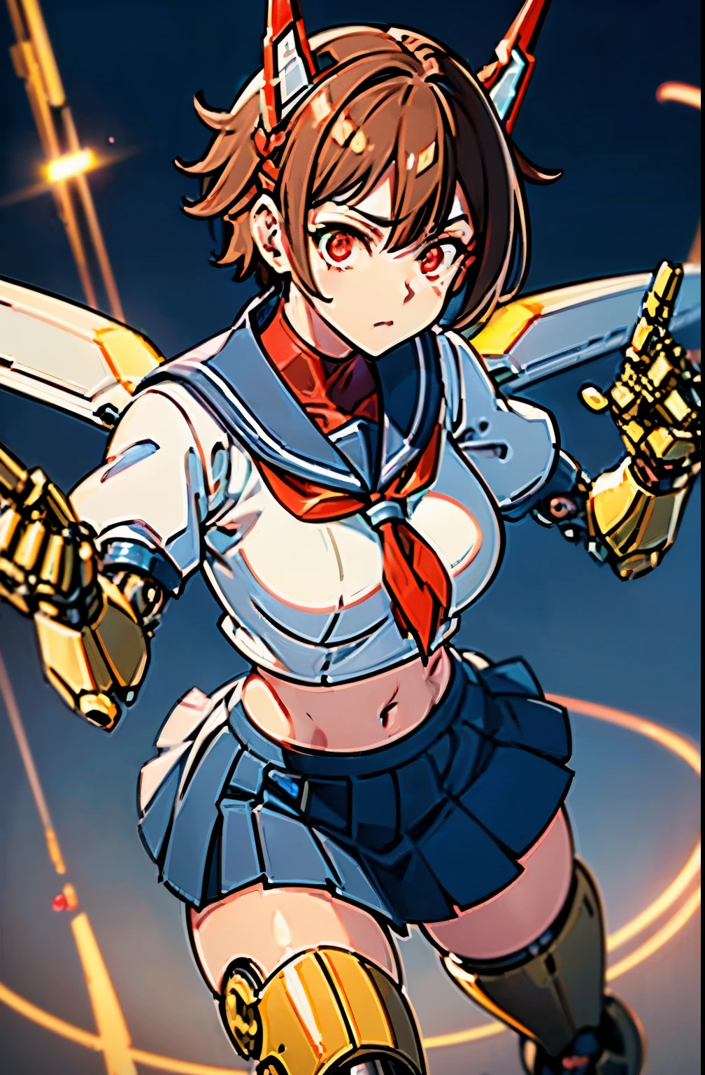1girl solo,Standing depiction、(Large symmetrical mechanical wing:1.6)、((kasugano sakura:1.3))、(symmetrical mechanical headgear:1.6)、Beauty Cyborg, Cyborg - beautiful woman with brown short bob hair perfect anime cyborg woman, cute cyborg beauty, beautiful cyborg beauty, cyborg girl, (Perfect android beauty), (The perfect cyborg woman), (Cyborg - Girl), (beautiful female cyborg)、 beautiful white girl cyborg, beautiful female android, Beautiful and attractive female cyborg、walk、full body description、(Mechanical sailor suit:1.5)、(mechanical ruffle skirt:1.5)、((Combat readiness))、(glowing red mechanical eyes:1.9), brown hair, short hair, bangs, Ahoge,(head band), ((Gray uniform:1.4)), puffy sleeves, crop top, yellow neckerchief, ((gray skirt:1.4)), fingerless gloves, thighs thighs, white socks, red footwear,Expressionless、(table top, highest qualityの, highest quality, beautiful and aesthetic: 1.2), very detailed, more detailed,Proper body proportions,table top,Ultra high quality output image,High resolution,intricate details,very delicate and beautiful hair,realistic pictures,dream-like,professional lighting,realistic shadow,focus only,anime one、discovery stance, punching, discovery,raise one leg、Anime one、(combat stance:1.3)