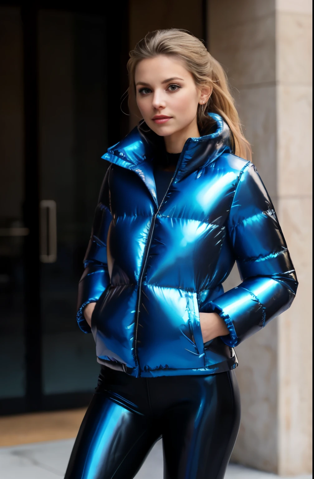 thin athletic arafed woman posing in front of a black building, a picture by Adrian Zingg, trending on cg society, arabesque, ( Super shiny metallic royal blue coloured fashionable puffer Winter Outerwear:1.4) , super full puffer jacket, extra full thick jacket, super short jacket, tight blue dark silver leggings, beautiful blonde girl, alexa grace, wearing bikini and puffer jacket, designer bikini, (open jacket:1.1), small bikini, super thin, anorexic, fit girl, young and cute girl, blonde girl, narrow hips:1.2, wide shoulders:1.2, thin hips:1.2, round fit ass:1.2, round breasts:1.2, large breasts:1.2