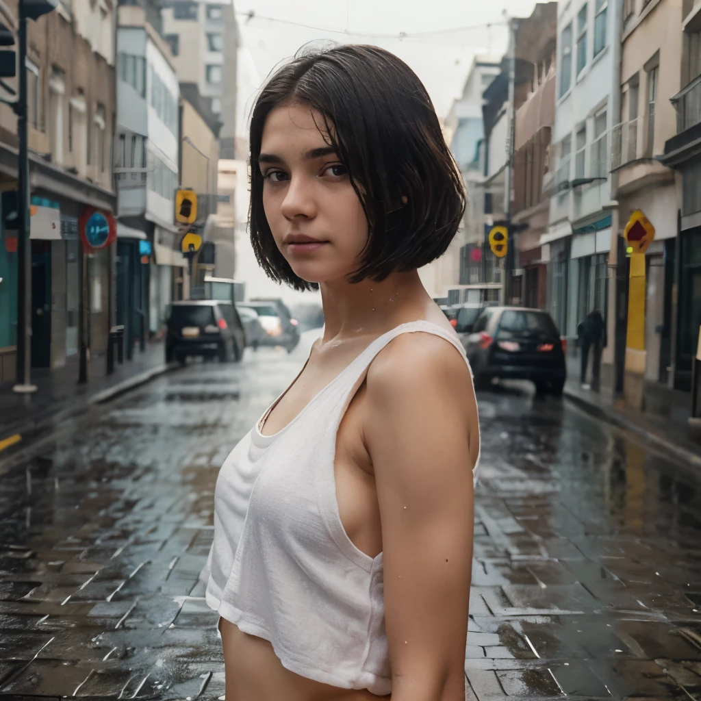 girl age 1 cuts, wearing only towel, in the middle of the street, raining, face up, 8k render, photorealistic