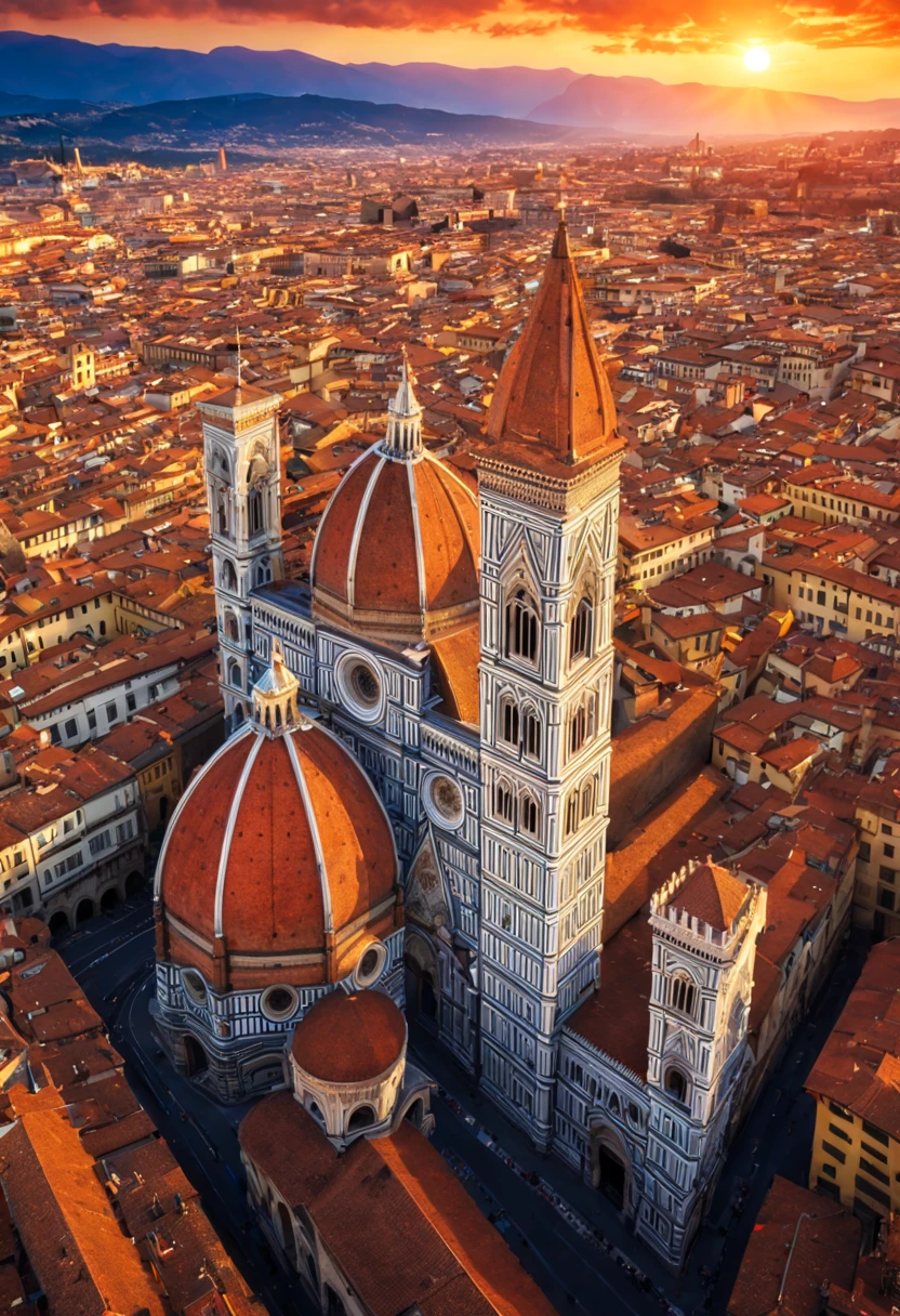 Florence, Italy The ancient town area of Florence features many Renaissance buildings and works of art，Santa Croce Cathedral at sunset presents a stunning view High Definition,best quality, Very detailed, masterpiece, official art, Lighting effects, 4K