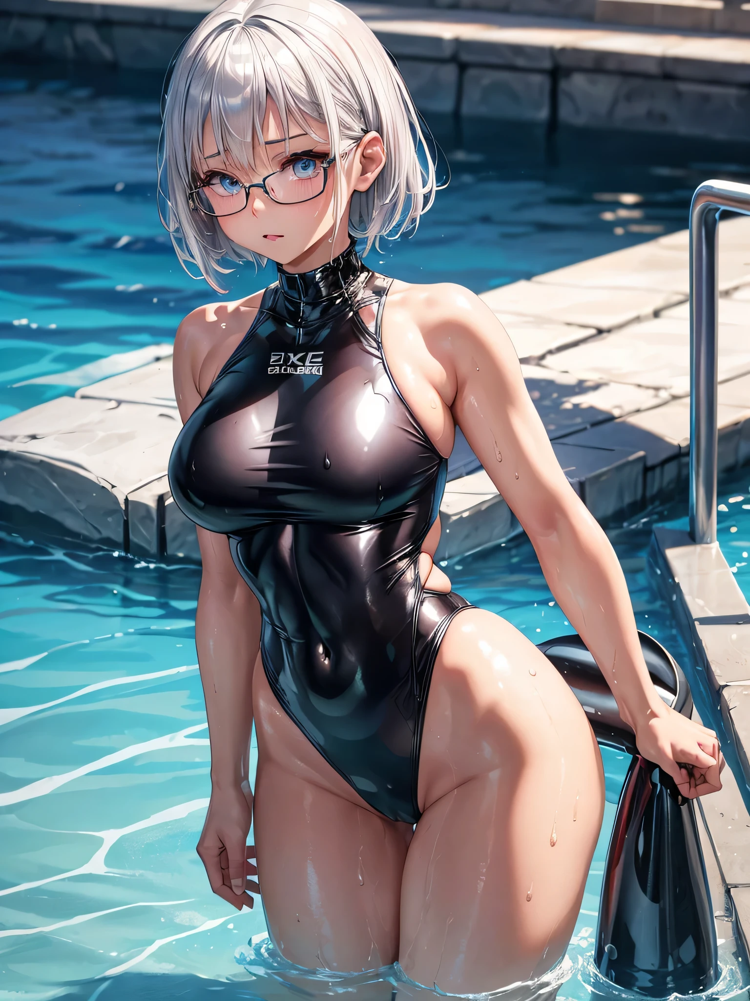 best image quality、8K、UHD、pieces fly、cute eyes、silver hair、Glasses、torn ABS、latex high neck swimwear、latex high neck school swimwear、short hair、短髪のsilver hair美女、wet skin、