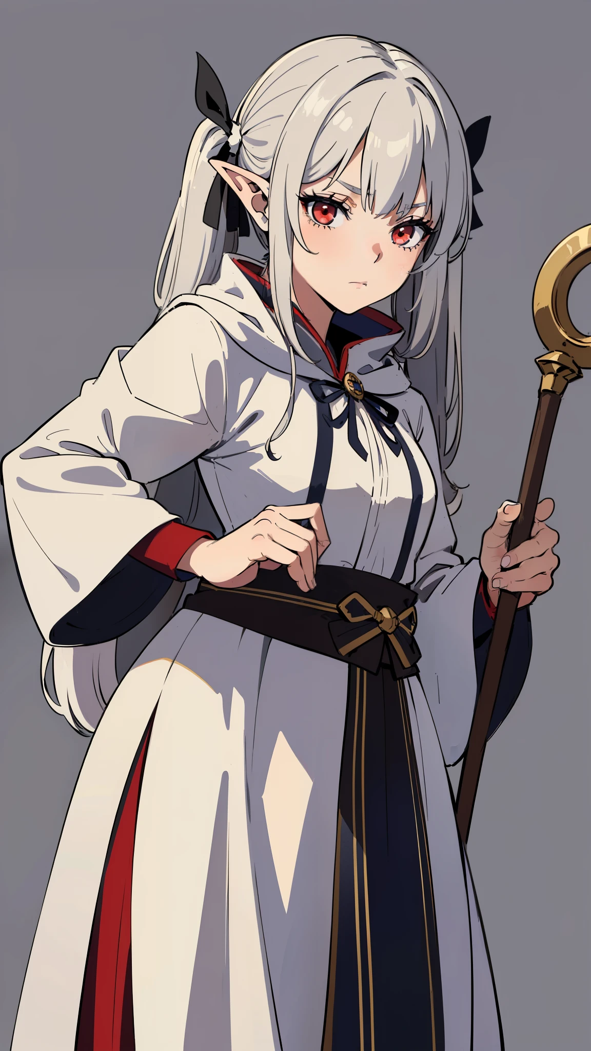 masterpiece, detailed, character, dungeons and dragons character, 1girl, elf girl, elf mage, (white long hair, twin tails), cute face, detailed face, detailed eyes, red eyes, holding wooden staff, ((action magic pose)), (wearing (medieval wizard fantasy cloth apparels, (medieval magic robe), (medieval wizard outfit)), ((simple background, grey color background))