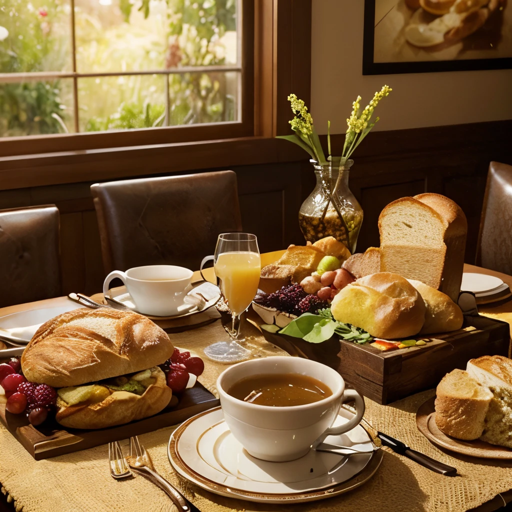 Generate a photorealistic image capturing an elegant breakfast table scene with an array of bread and assorted items. The composition should be visually appealing, emphasizing the beauty of the arrangement. The environment should highlight the textures of the food, creating an appetizing atmosphere. Pay special attention to the meticulous arrangement of the table to enhance the overall aesthetic appeal.