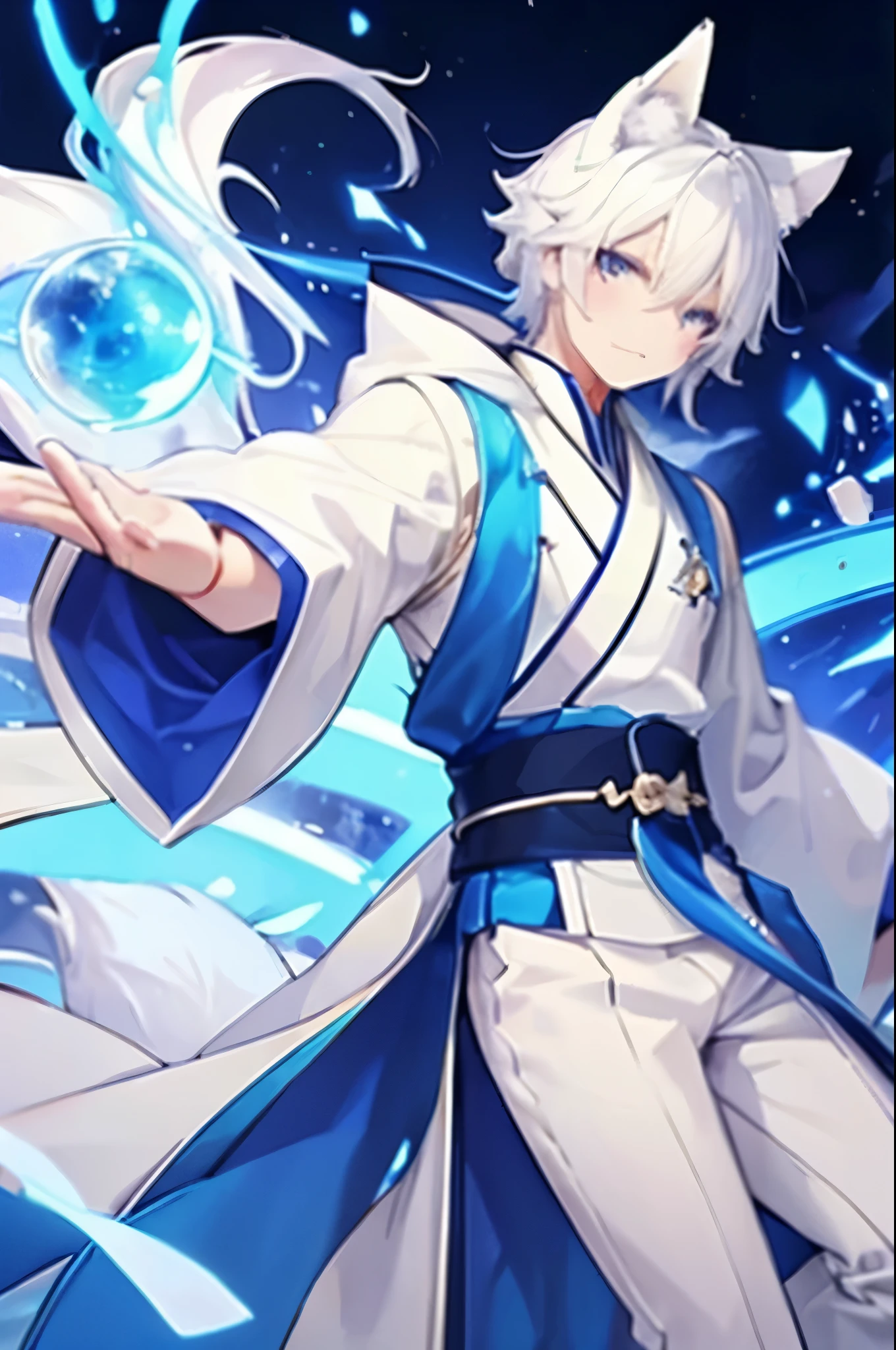 A man with fox ears, blue eyes, white hair, wearing a blue hanfu, white pants, holding a blue fireball.