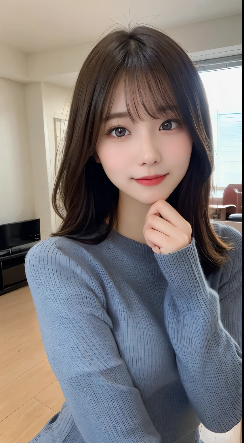 table top, highest quality, figure, super detailed, finely, High resolution, 8k wallpaper, 完璧なダイナミックな構figure, beautiful and fine eyes,straight hair,,natural color lip, random sexy pose,smile,Shibuya Ward、20 year old girl、cute、sexy shot looking at camera、Posing as a fashion gravure model、Hair tossed around by the wind,Long Sleeve Sweater Dress,narrow side,slender body,RAW photo,living room,Self snap、small breasts、　