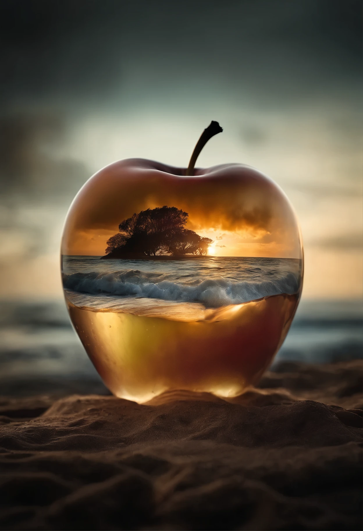 lovely double exposure image by blending together a stormy sea and a glass apple. The sea should serve as the underlying backdrop, with its details subtly incorporated into the glossy glass apple, sharp focus, double exposure, glossy glass apple, (translucent glass figure of an apple) (sea inside) lifeless, dead, glass apple, earthy colors, decadence, intricate design, hyper realistic, high definition, extremely detailed, dark softbox image, raytracing, cinematic, HDR, photorealistic (double exposure:1.1)