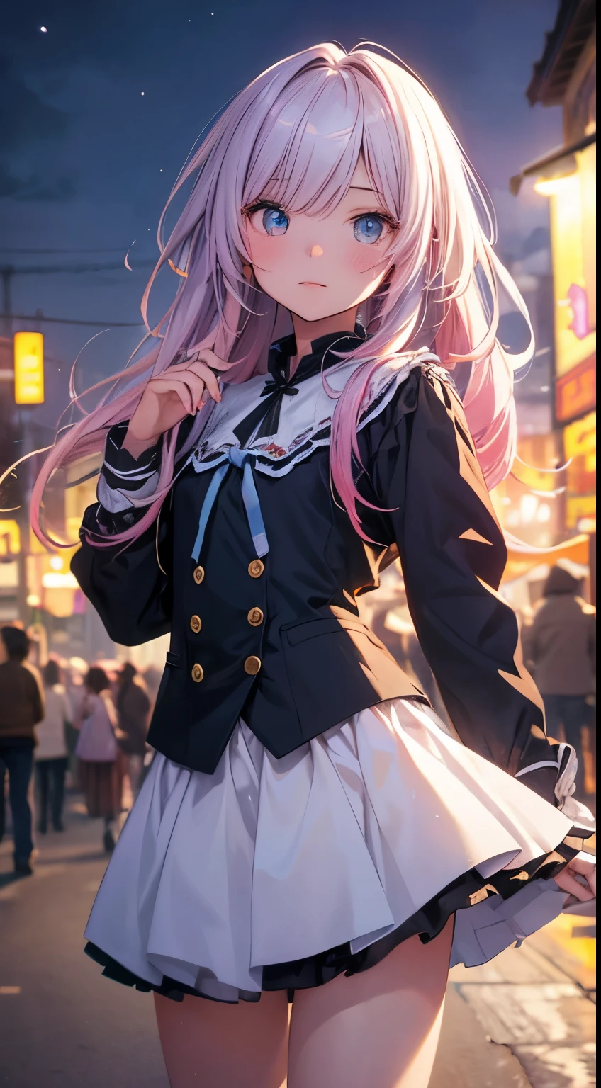 nowi, (gradient hair, dutch angle:1.3), film grain, chromatic aberration, city, masterpiece, highest quality, RAW photo, realistic, disorganized, 1 girl, cute, perspective, cowboy shot, High resolution, Super detailed, detailed eyes and face, sharp pupils, realistic student, sharp focus, summer, night,