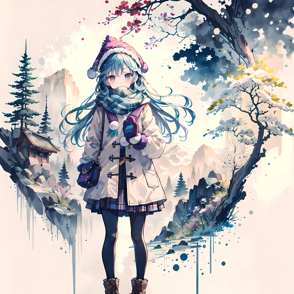 1 girl, alone, scarf, skirt, pantyhose, have, long hair, Plaid, coat, Plaid scarf, outdoor, Eyebrows visible through hair, looking at the audience, pleated skirt, blush, Mittens, Bangs, Wool cap, long sleeves, Black tights, snowing, Dutch Cape, boots, Tree, purple skirt, Tassel decoration, blue eyes, Keep, snow, permanent, blue hair, winter clothes, Sleeves extend beyond wrists, cover mouth, white Mittens, winter, white headgear, bare Tree, brown coat,mist,heavy breathing