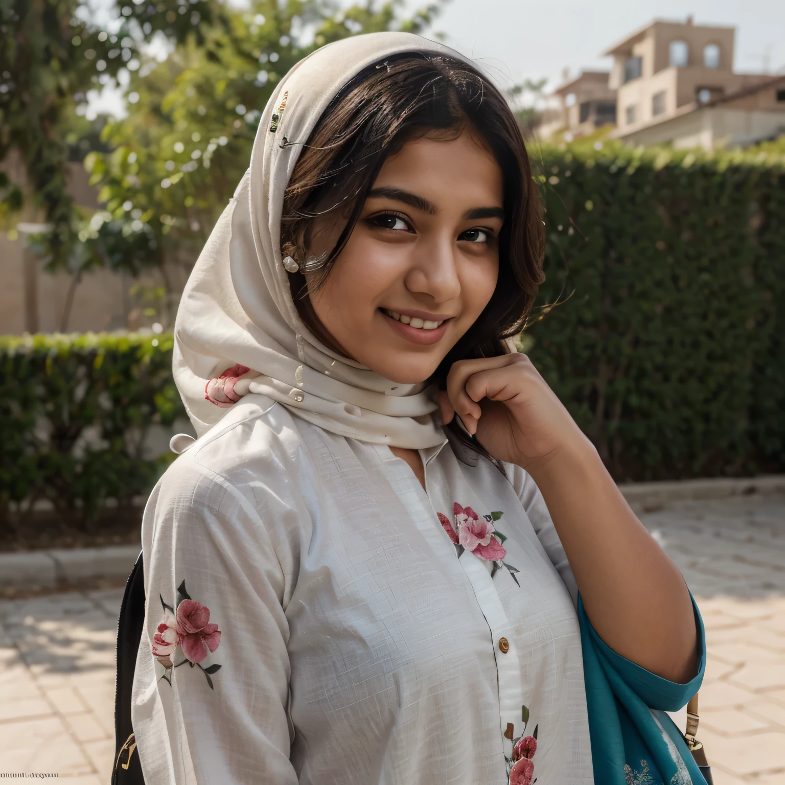 picture a charming  young Pakistani girl with moderate Arabian hijab with inner cap . wearing Pakistani traditionally flower printed kameez shalwar with coordinating dupatta and backpack. cascading down her shoulders, drinking water. let her eyes with genuine warmth as she flashes a contagious smile that lights up the scene. she has a fair white skin tone.