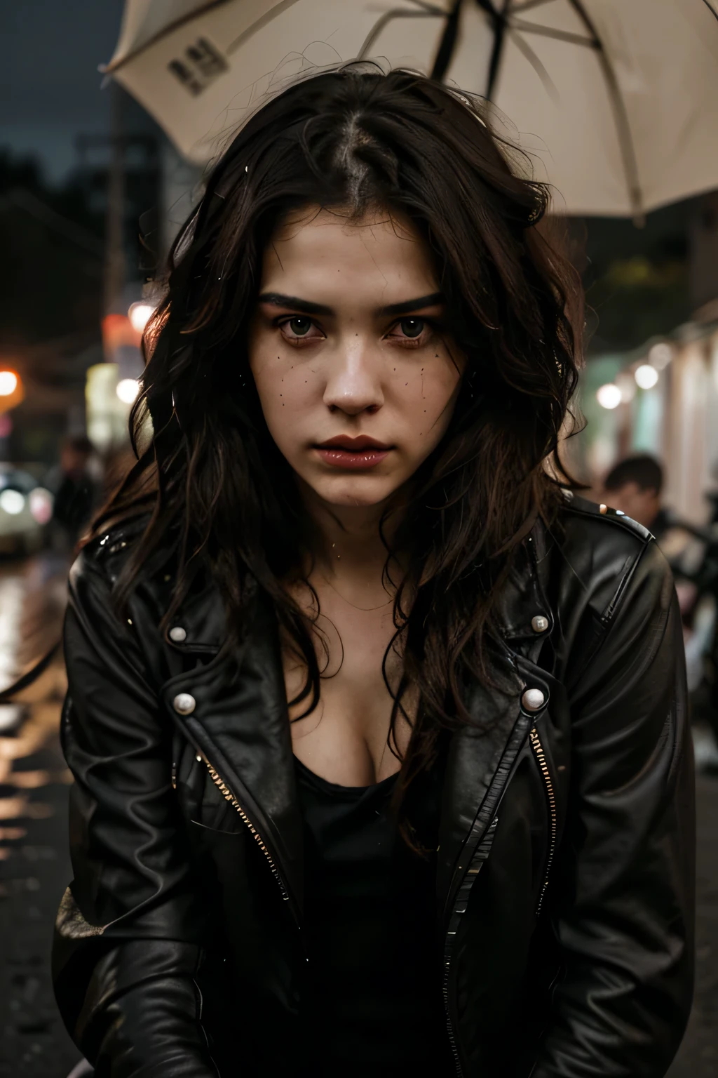 Human face, very expressive, portrait photography, world photography, soft studio lighting, detailed, intricate, beautiful photography, award winning, stunning, 8k, centered, amazing, impressive, awesome, highly detailed, fantastic, overwhelming, cinematic, masterpiece, subject in fame, this girl is a punk, she has sharp makeup, she has a studded leather jacket, she's a sharp girl, she's not worth messing with, she's looking straight into the camera, she's thinking, she's focused and interested, she's standing by a motorcycle, there's a group of people behind her, it's nighttime, the motorcycle lights her up, rain, wet hair, wet street, she has no undershirt, she is only wearing a jacket, the jacket covers her breasts, black biker jacket, jacket must be black
