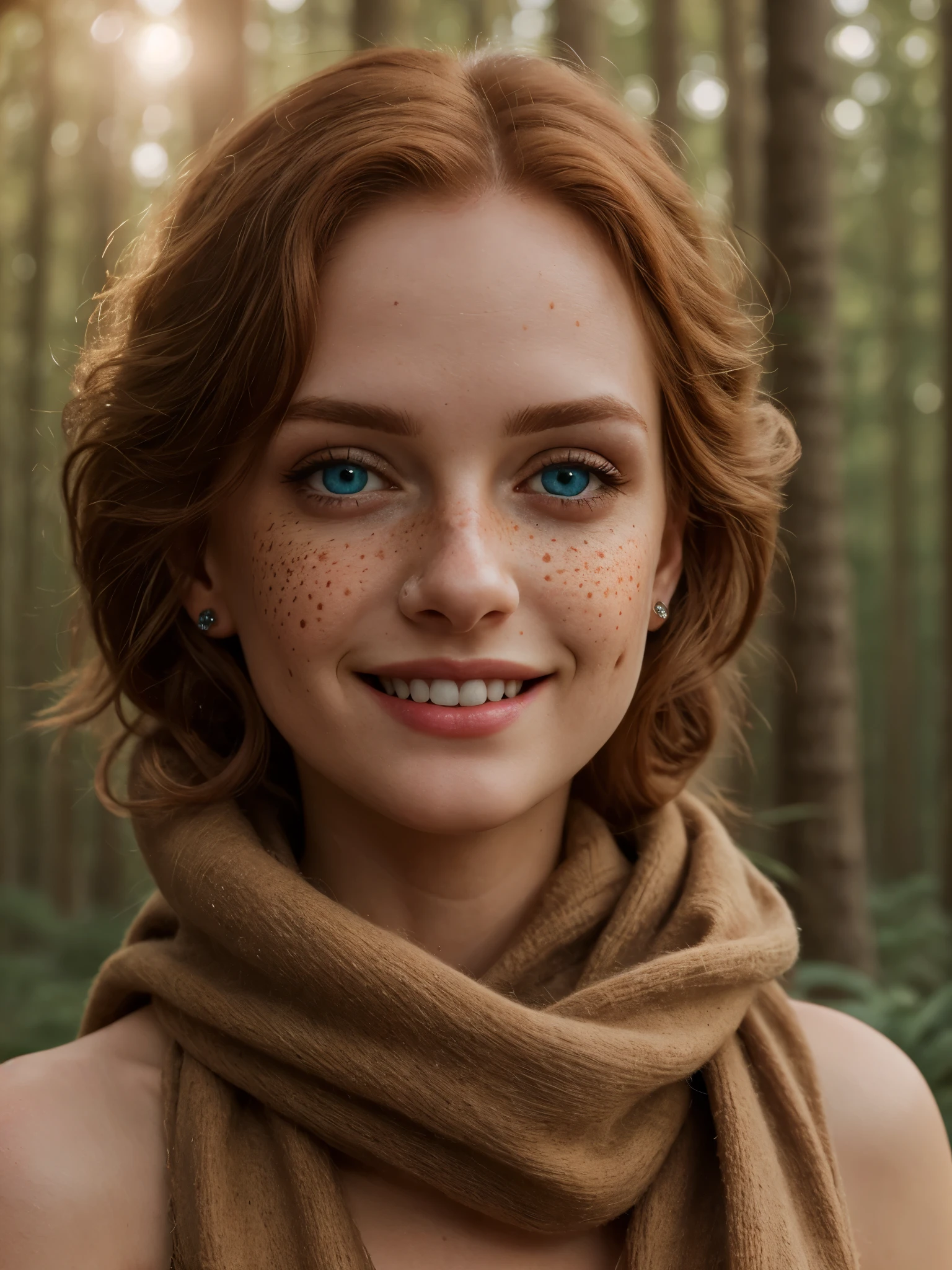 (Realistic:1.2), photorealistic atractive beautiful woman with messy ginger hair, blue eyes, little freckles, wearing a long scarf and leg warmers, Princess Merida, Brave, cute sexy, feminine pose, in the forest, cinematic lighting, ethereal light, intricate details, extremely detailed, full colored, complex details, insanely detailed and intricate, hypermaximalist, rich colors, cinematic, smiling, vivid colors, detailed beautiful eyes and perfect face, rim light, 16k, best quality