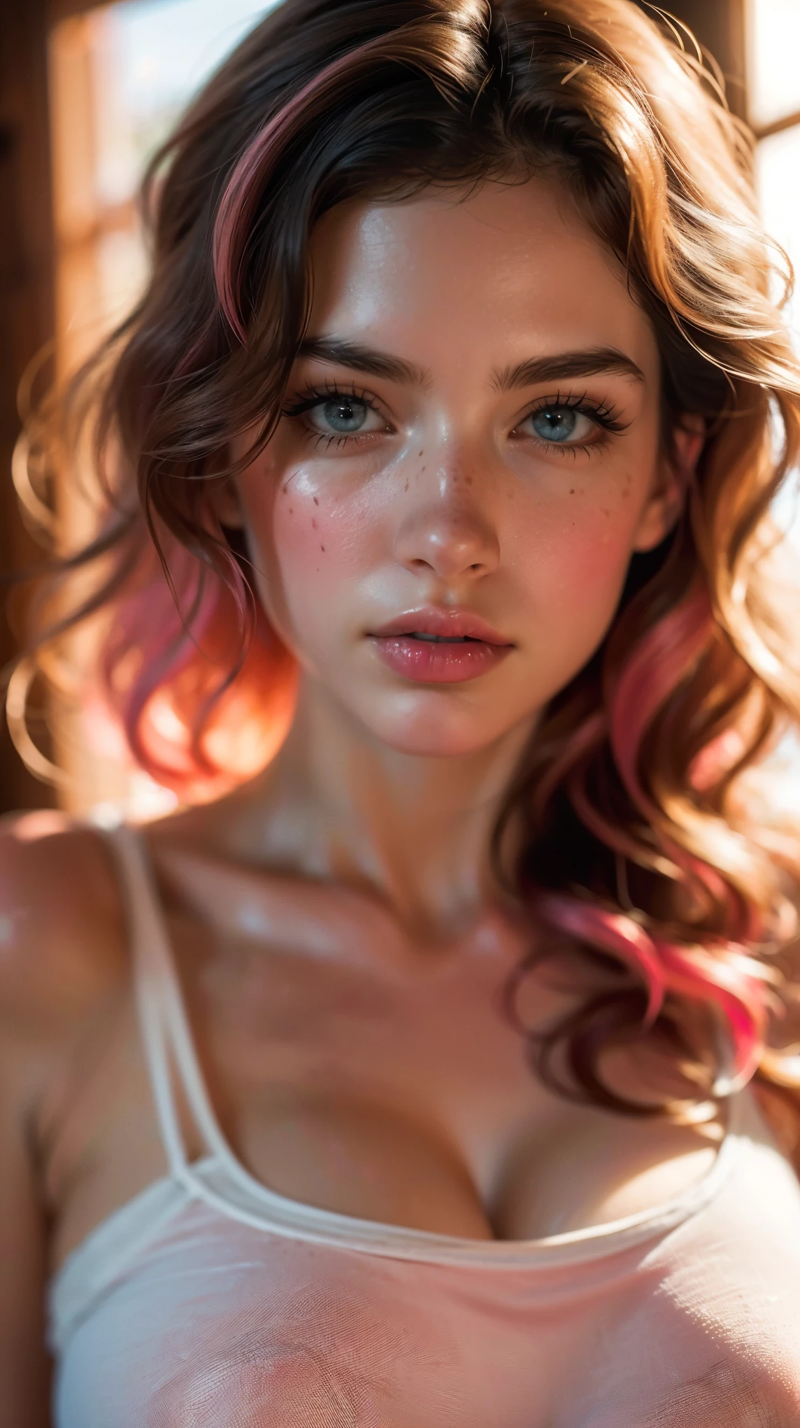 (((ultra realistic))) Photo, masterpiece, top quality, (pale skin), (Ultra detailed face and eyes:1.3), 1 girl, Adult, in a T-shirt, (Eye makeup, mascara) , ((large detailed lips)), ((pink wavy hair)), ((Chyolka)) , (Natural breasts), Slim waist. ((Posing)), photoshoot, studio (soft lighting), (The play of light and shadows), depth of field, bokeh, (special attention to skin detail: 1.2), Detailed leather texture, skin pores. (Airy atmosphere of the frame. Color range - delicate, Bright, white, Pink tones), UDR, ((Film grain)), ((rays)), ((Glare)), ((waist up portrait, close to the camera)) , ultra detialed,