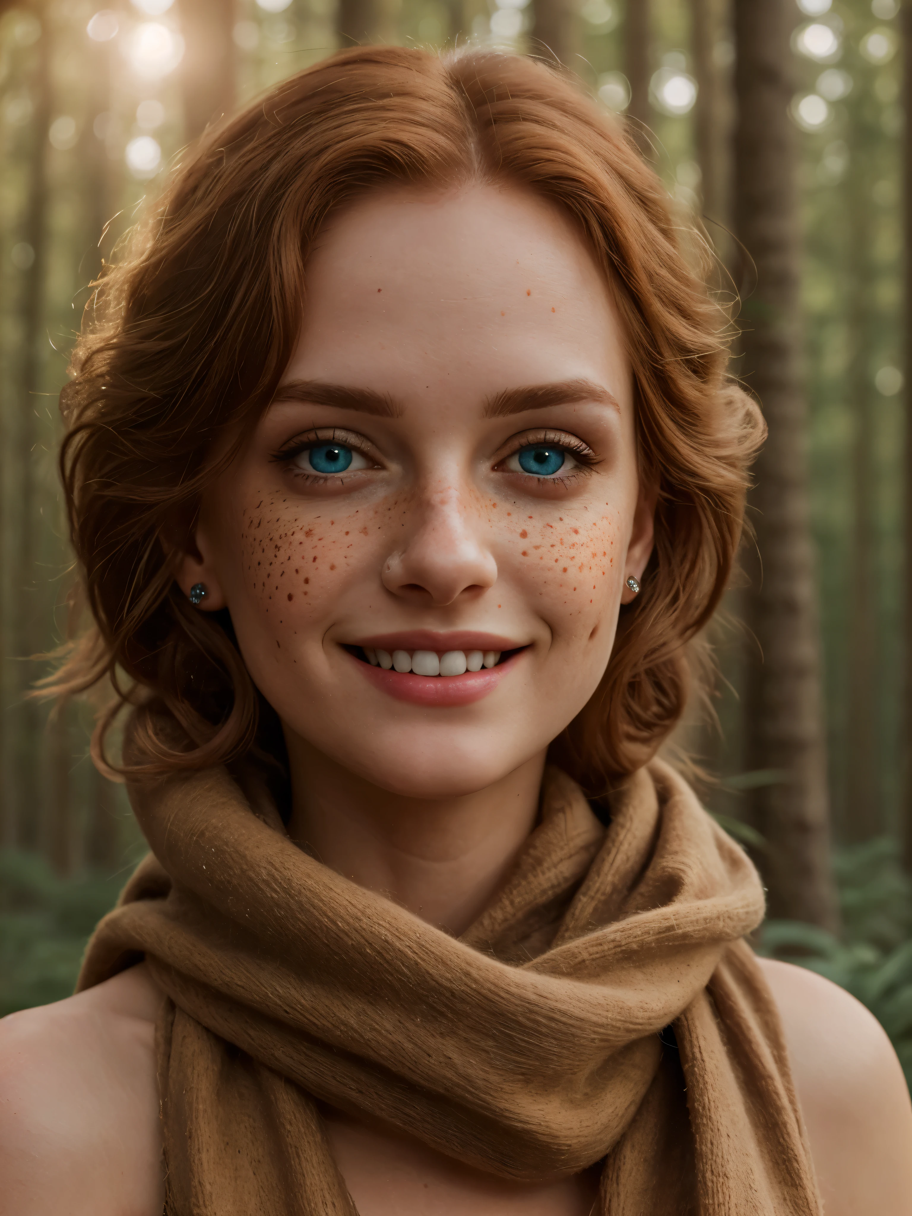 (Realistic:1.2), Photorealistic attractive beautiful woman with messy red hair, Blue eyes, small freckles, wear a long scarf and leg warmers, Princess Merida, brave, cute sexy, feminine pose, In the woods, Cinematic lighting, Ethereal light, complex parts, extremely detailed, full color, complex parts, Insanely detailed and confusing, Hyper maximalist, rich colors, Cinematic, smiling, bright colors, detailed beautiful eyes and perfect face, rim light, 16 thousand., Best quality
