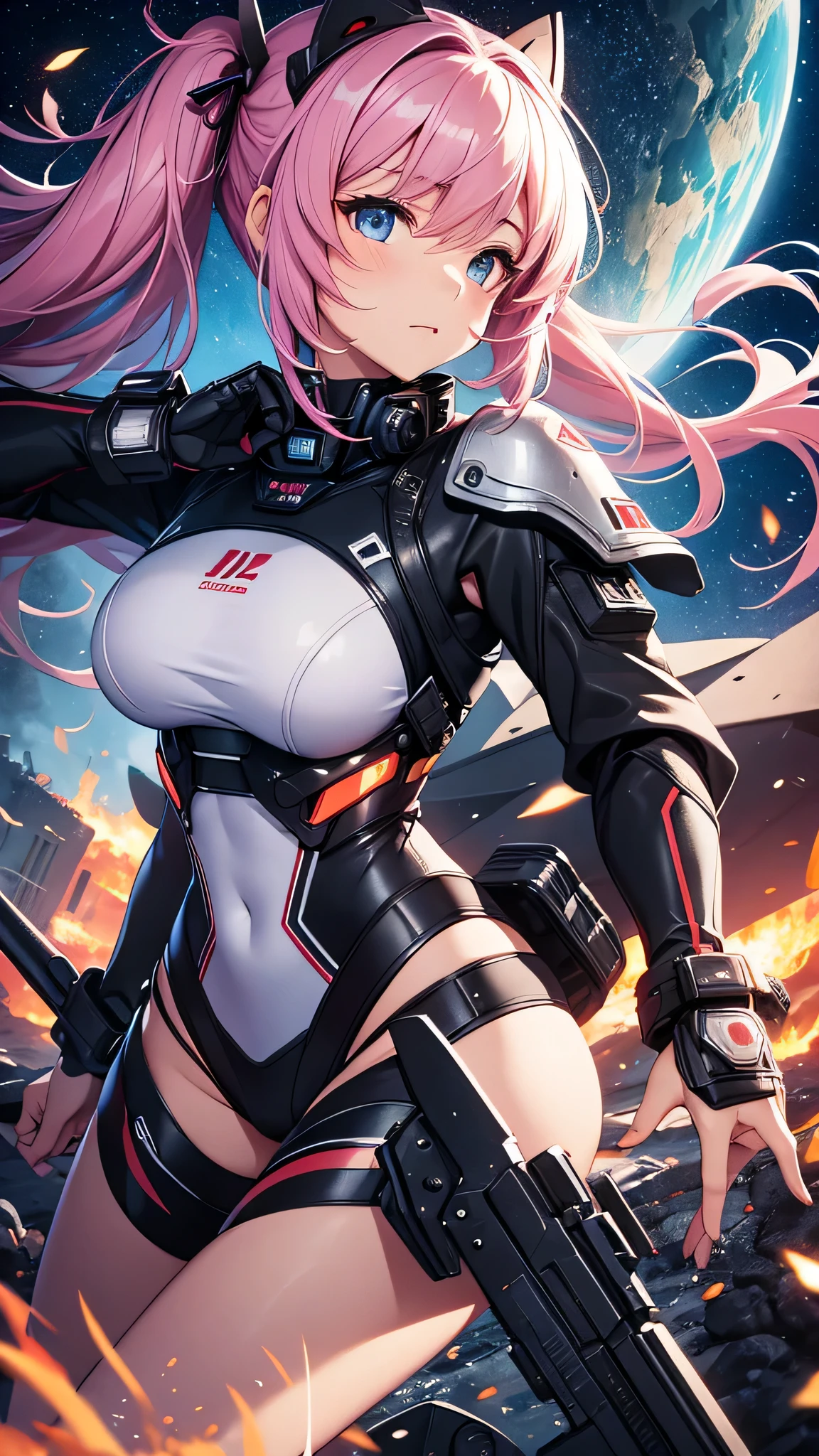 最high quality、best image quality、masterpiece、age girl((18-year-old、 By becoming、vest bust、medium bust,wide open breast tea、black eye, pink hAria、twin tails、thin,highest valley、Red Battlesuit、yellow arm parts、blue leg parts、Holding a big sword、Glowing red wings,Aria、splatters、fighting pose)),high quality、beautiful art、background((outer space、battlefield、splattersing beams、military base))瓦礫がsplatters、Depth of written boundary、movie、visual art、perfect art、8K,genuine