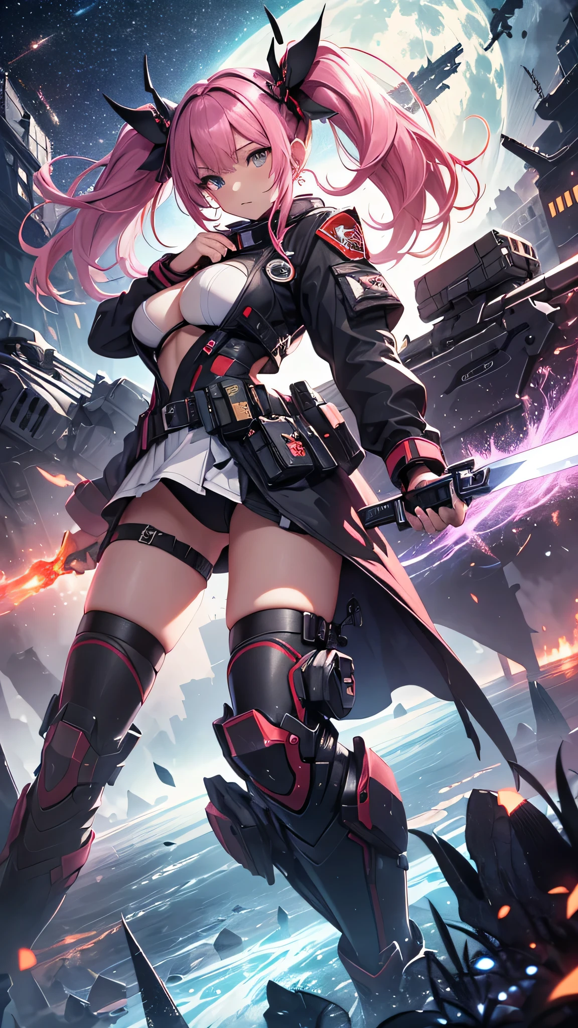 最high quality、best image quality、masterpiece、age girl((18-year-old、 By becoming、vest bust、medium bust,wide open breast tea、black eye, pink hAria、twin tails、thin,highest valley、Red Battlesuit、yellow arm parts、blue leg parts、Holding a big sword、Glowing red wings,Aria、splatters、fighting pose)),high quality、beautiful art、background((outer space、battlefield、splattersing beams、military base))瓦礫がsplatters、Depth of written boundary、movie、visual art、perfect art、8K,genuine