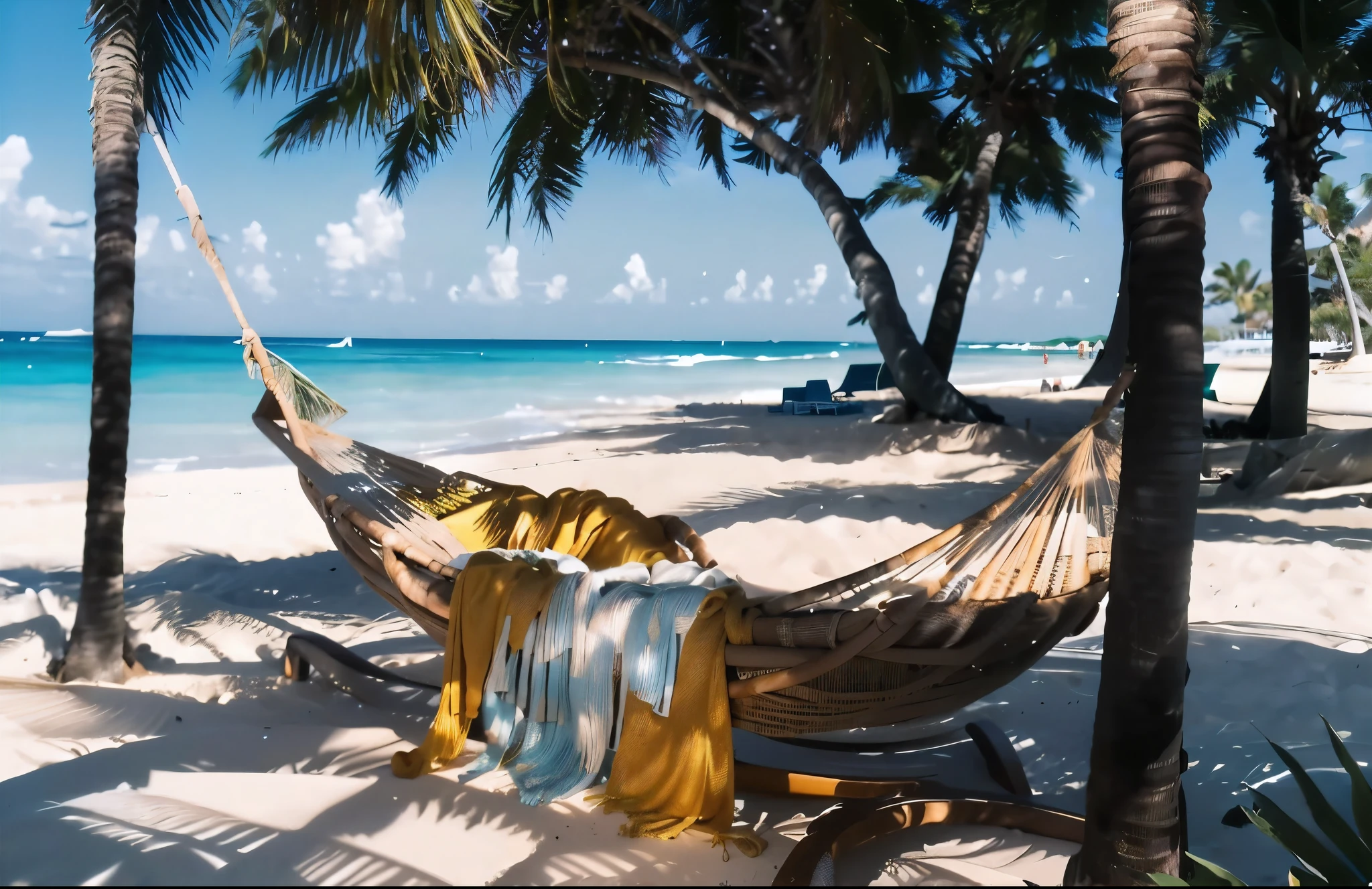 There is a hammock on the beach,There are palm trees, Covered in shining gold and silver, Tranquil beach environment,golden background,carribean white sand, relaxing on the beach, relaxing at the beach, Close to the beach, real reality images