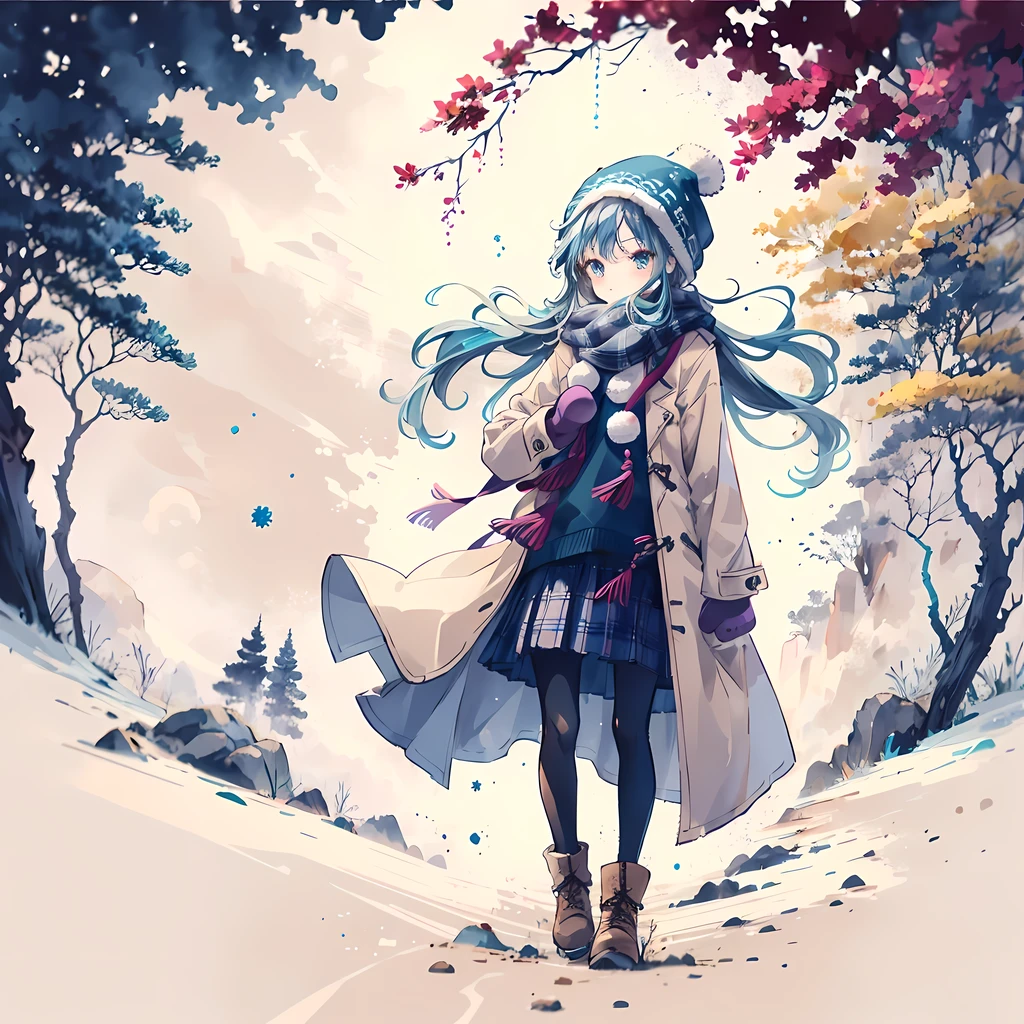 1 girl, alone, scarf, skirt, pantyhose, have, long hair, Plaid, coat, Plaid scarf, outdoor, Eyebrows visible through hair, looking at the audience, pleated skirt, blush, Mittens, Bangs, Wool cap, long sleeves, Black tights, snowing, Dutch Cape, boots, Tree, purple skirt, Tassel decoration, blue eyes, Keep, snow, permanent, blue hair, winter clothes, Sleeves extend beyond wrists, cover mouth, white Mittens, winter, white headgear, bare Tree, brown coat,mist,heavy breathing