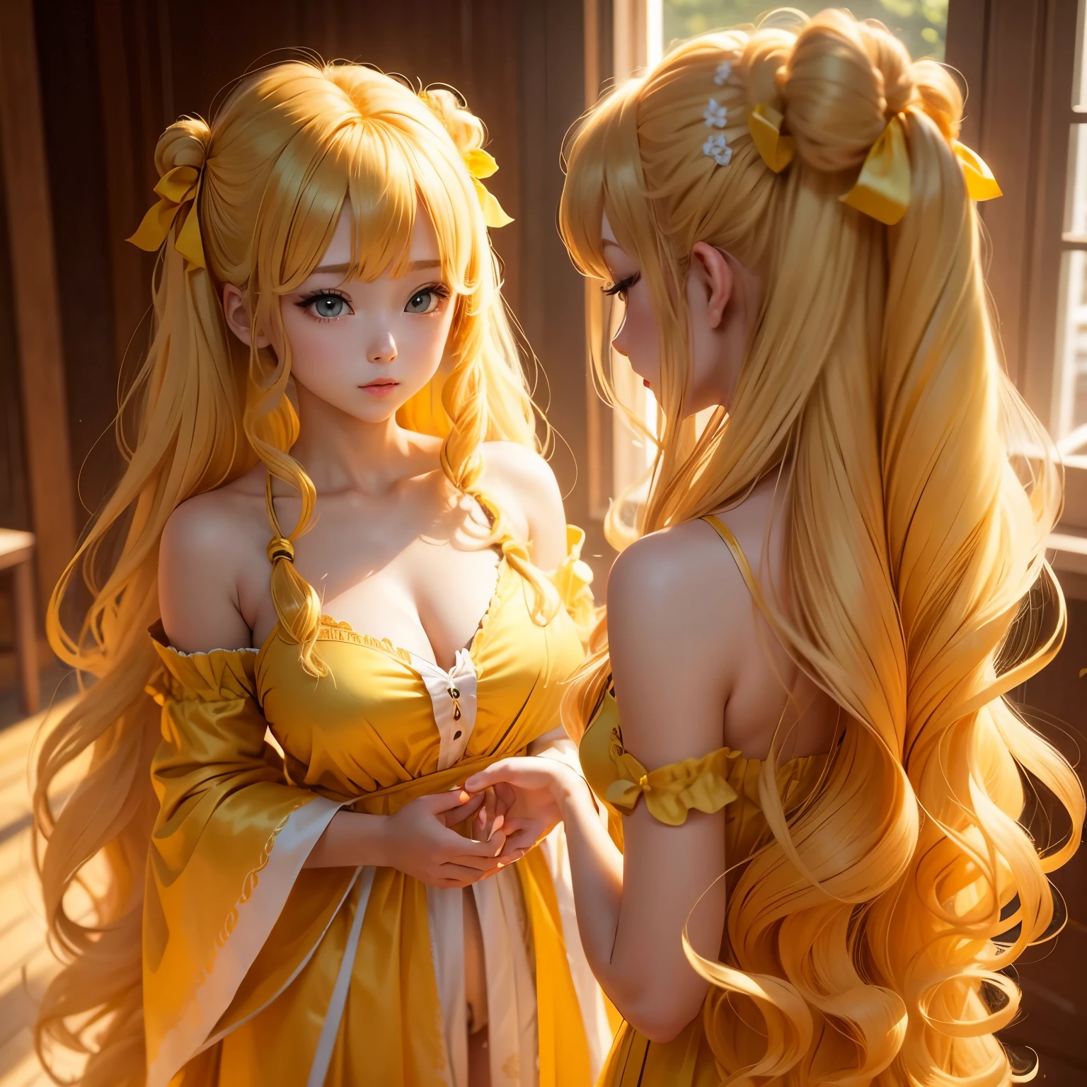 golden hair、Beautiful young woman、Gorgeous full nude、twin tail hairstyle、Big hair ornament with yellow ribbon、