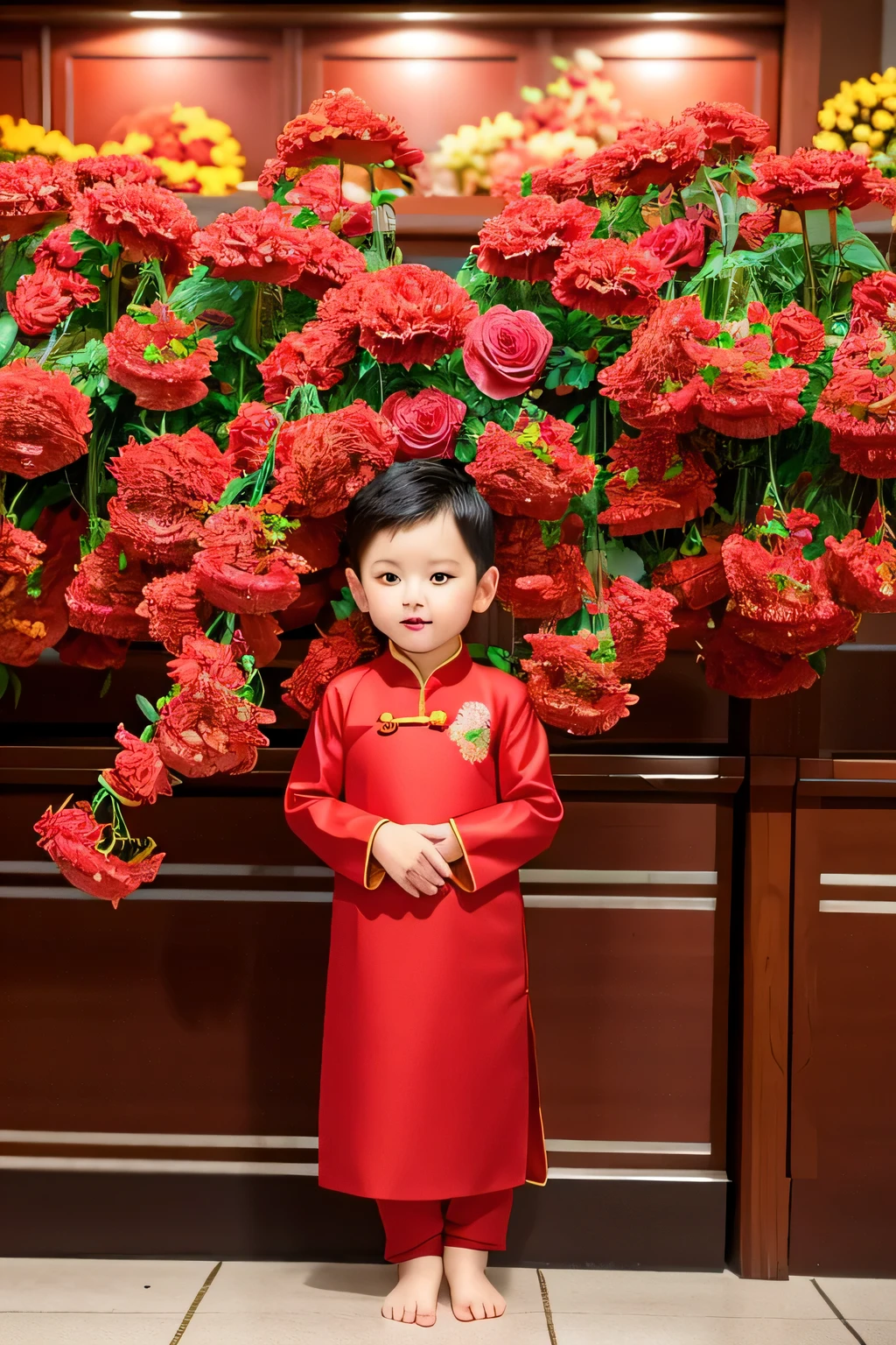 there is a boy standing in front of a display of flowers, kid, children, ao dai, chinese style, traditional chinese, wearing a red cheongsam, with acient chinese clothes, with flowers, traditional chinese clothing, photo taken with nikon d 7 5 0, photo taken with nikon d750, chinese new year in shanghai, little kid, 