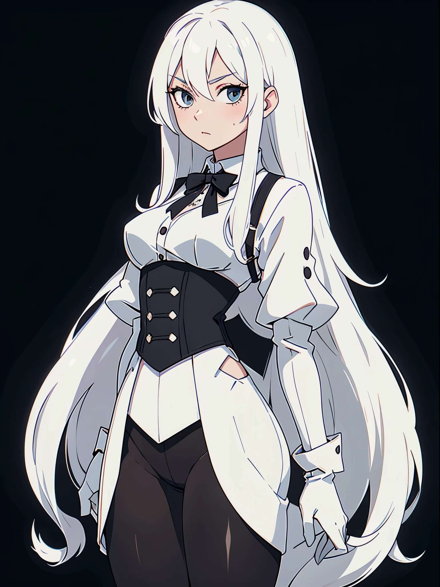 ((White hair)),(super-long hair),(Tights),Sexy,A person,Alone,((Upper torso)),Upper Body,Simple style,pancake ,Simple details,Black background,Empty background,Black background wall,(20 year old woman),(Cotehardie),(White Gloves),Corset,Lace Shirt,Waistcoat