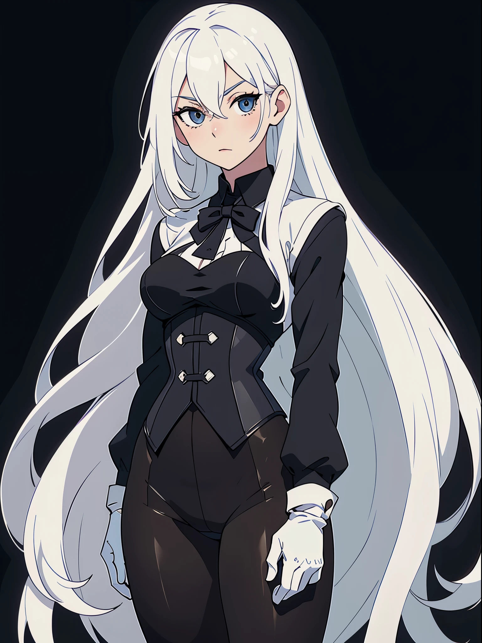 ((White hair)),(super-long hair),(Tights),Sexy,A person,Alone,((Upper torso)),Upper Body,Simple style,pancake ,Simple details,Black background,Empty background,Black background wall,(20 year old woman),(Cotehardie),(White Gloves),Corset,Lace Shirt,Waistcoat