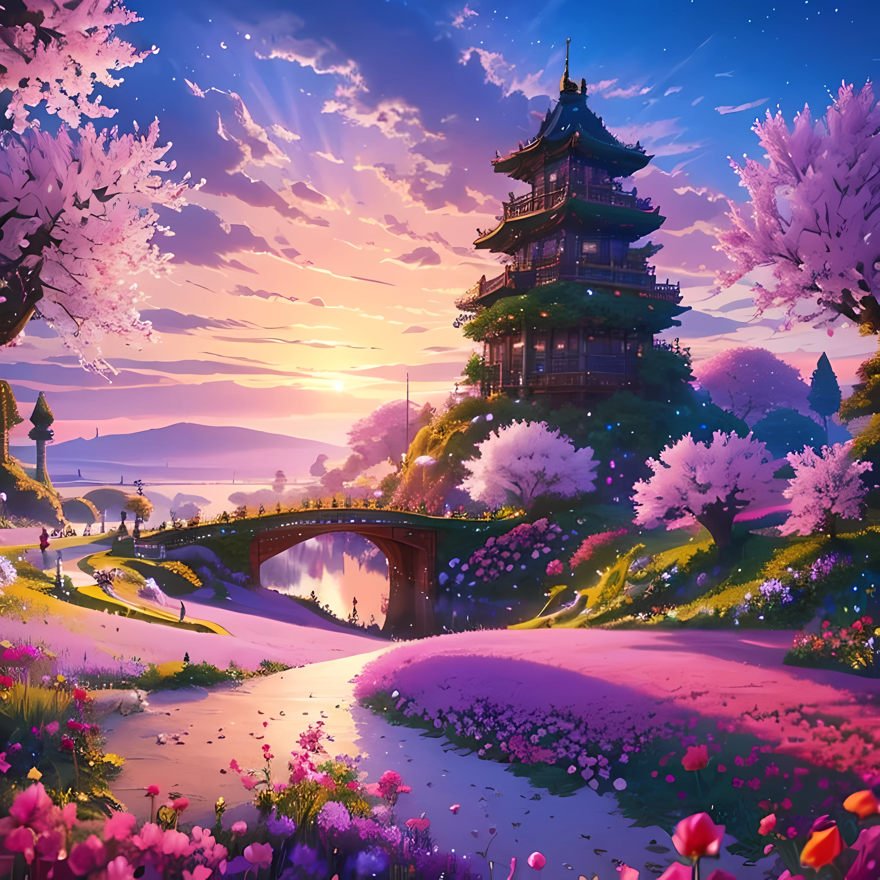 jeu de pixels,Scénographie,scènes fantastiques,un paradis,Des roses rouges partout, Pixel art, animé, fleur de glycine, ceriser japonais, rose flowers, rose, glycine