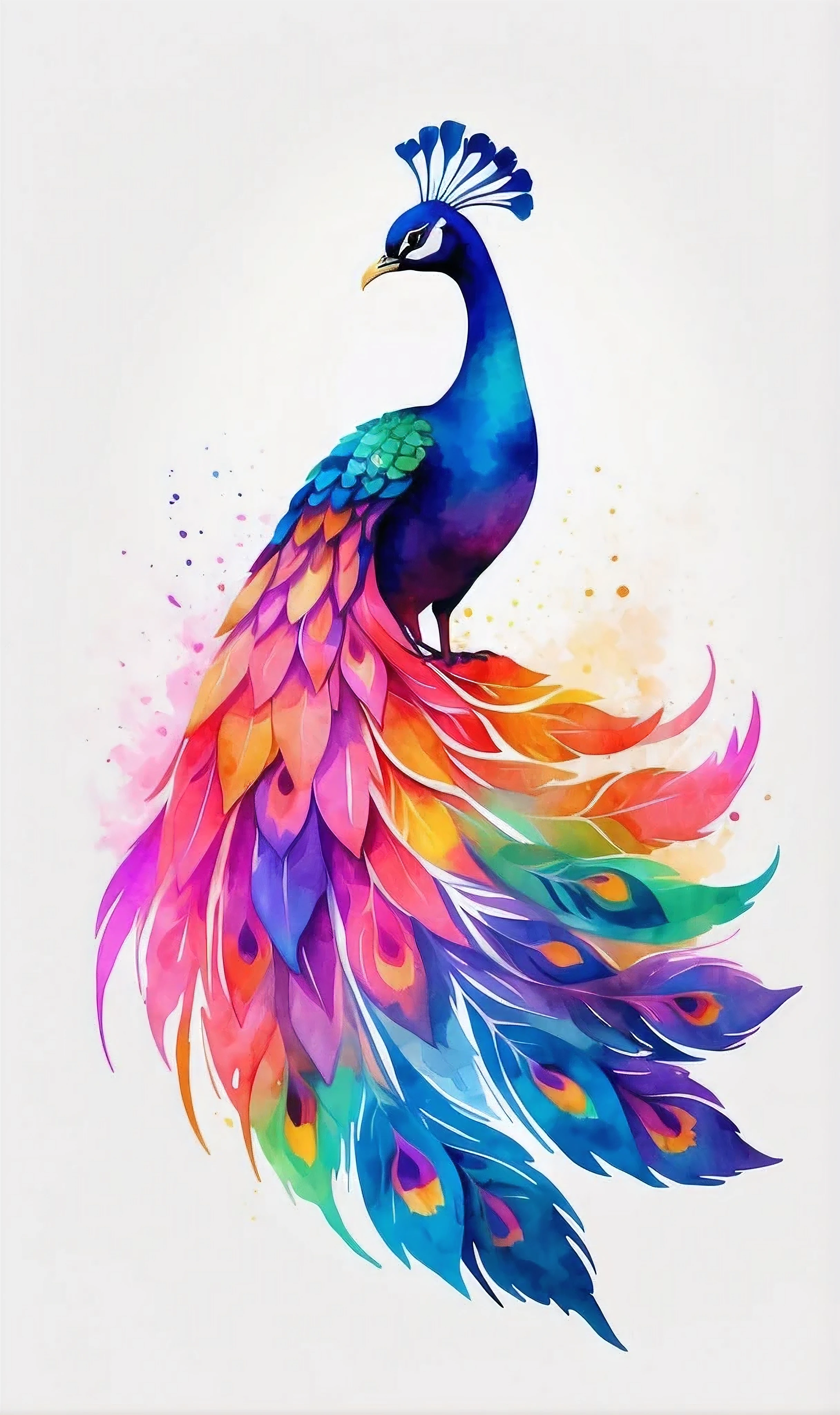 A medium quality vector art of a minimalistic (neon line logo) depicting a tessellated geometric peacock surrounded by vibrant smoke effects on a white background, (vectorized), symmetrical, (multicolored watercolor painting), 8k.