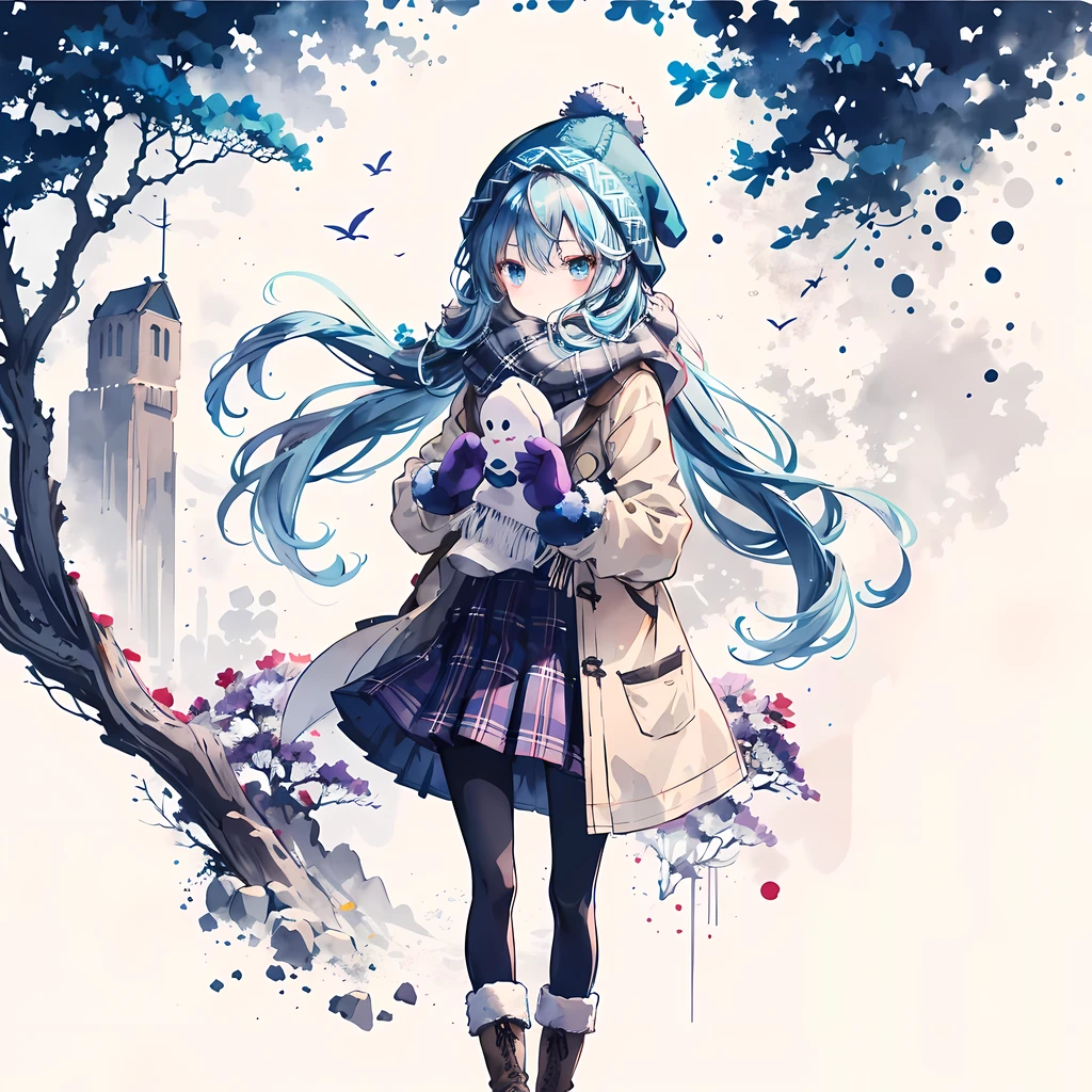 1 girl, alone, scarf, skirt, pantyhose, have, long hair, Plaid, coat, Plaid scarf, outdoor, Eyebrows visible through hair, looking at the audience, pleated skirt, blush, Mittens, Bangs, Wool cap, long sleeves, Black tights, snowing, Dutch Cape, boots, Tree, purple skirt, Tassel decoration, blue eyes, Keep, snow, permanent, blue hair, winter clothes, Sleeves extend beyond wrists, cover mouth, white Mittens, winter, white headgear, bare Tree, brown coat,mist,heavy breathing